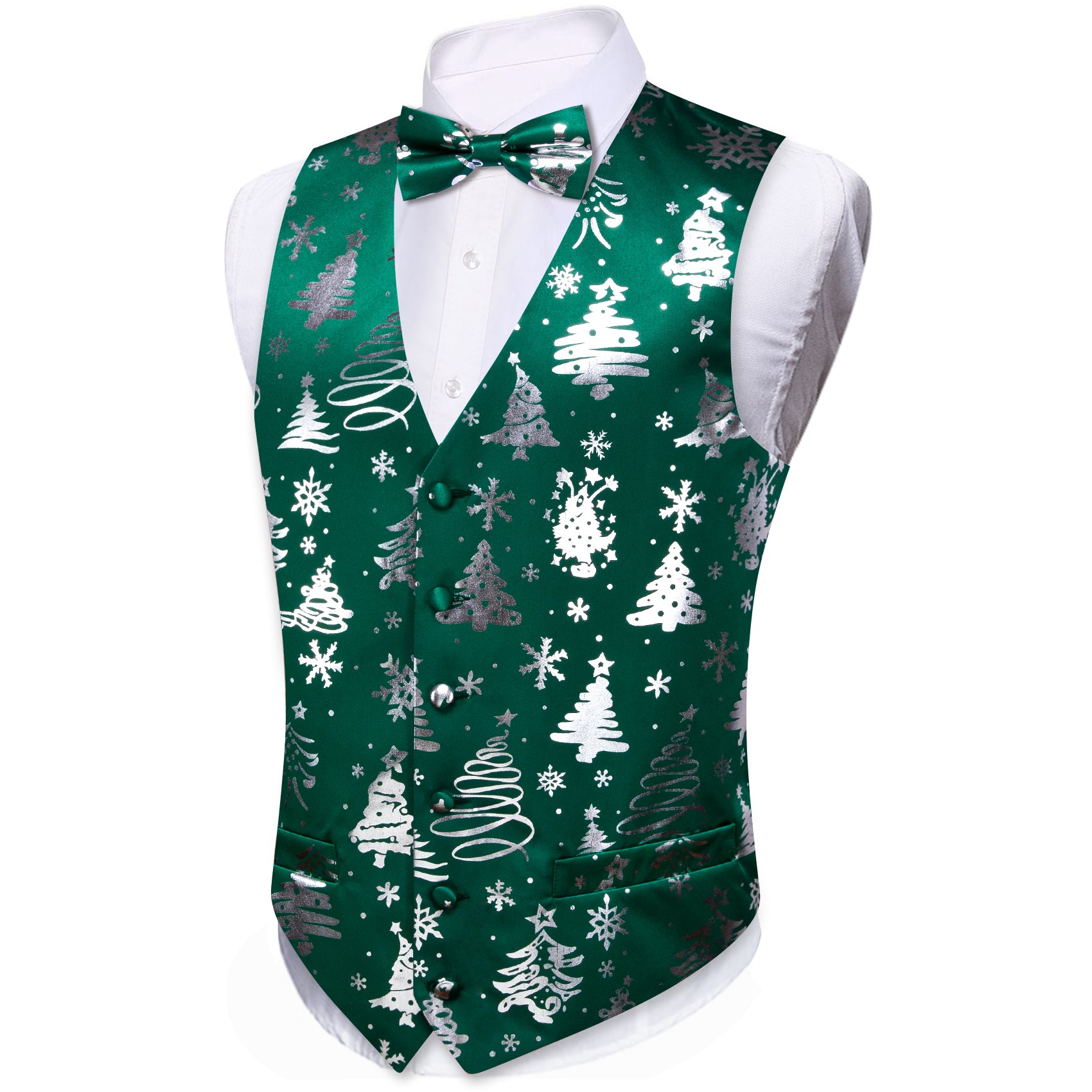 Christmas Green White Xmas Pattern Waistcoat Vest Bowtie Set