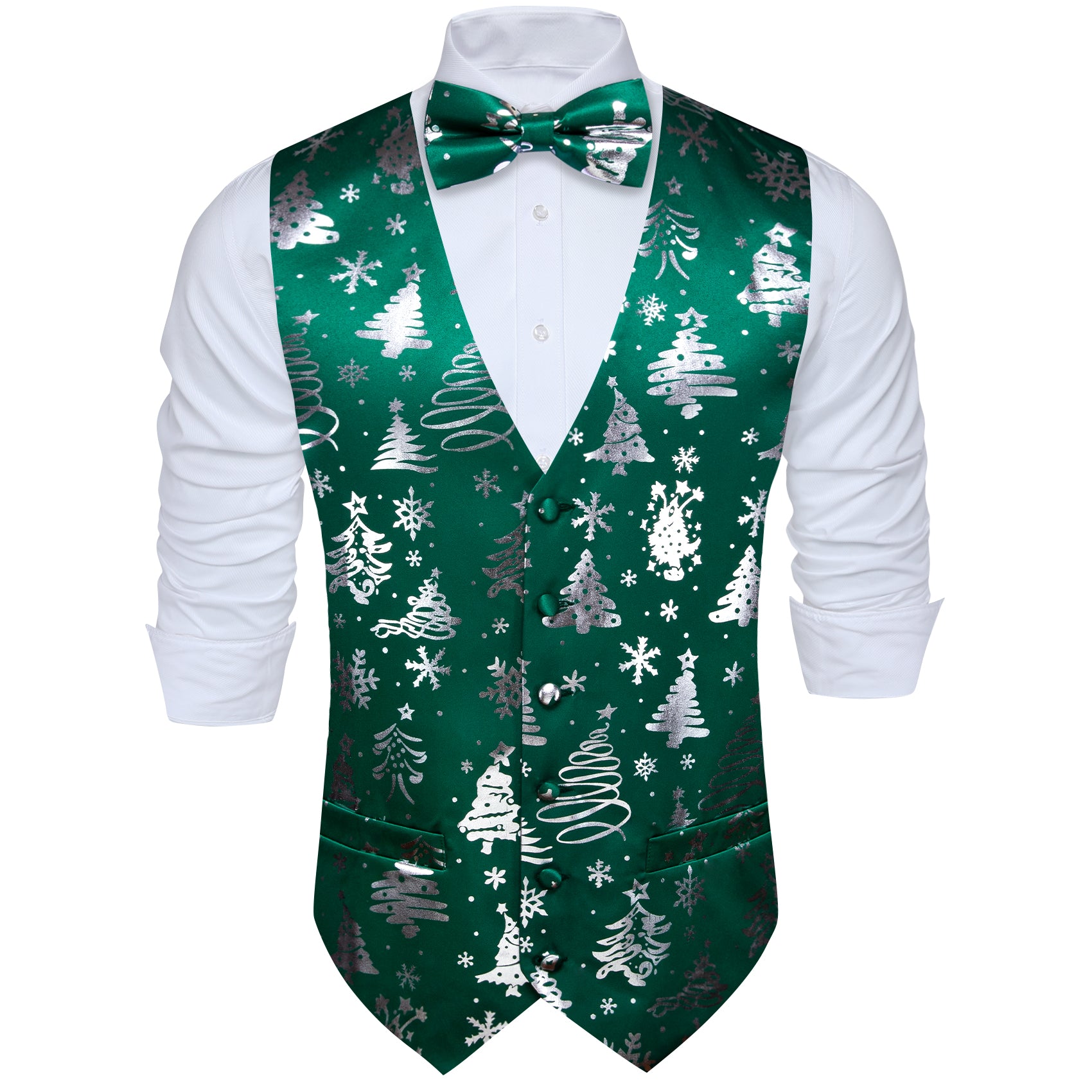 Christmas Green White Xmas Pattern Waistcoat Vest Bowtie Set