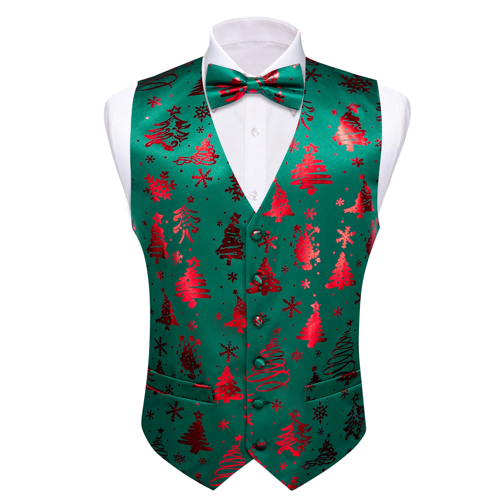 Christmas Green Red Xmas Pattern Waistcoat Vest Bowtie Set