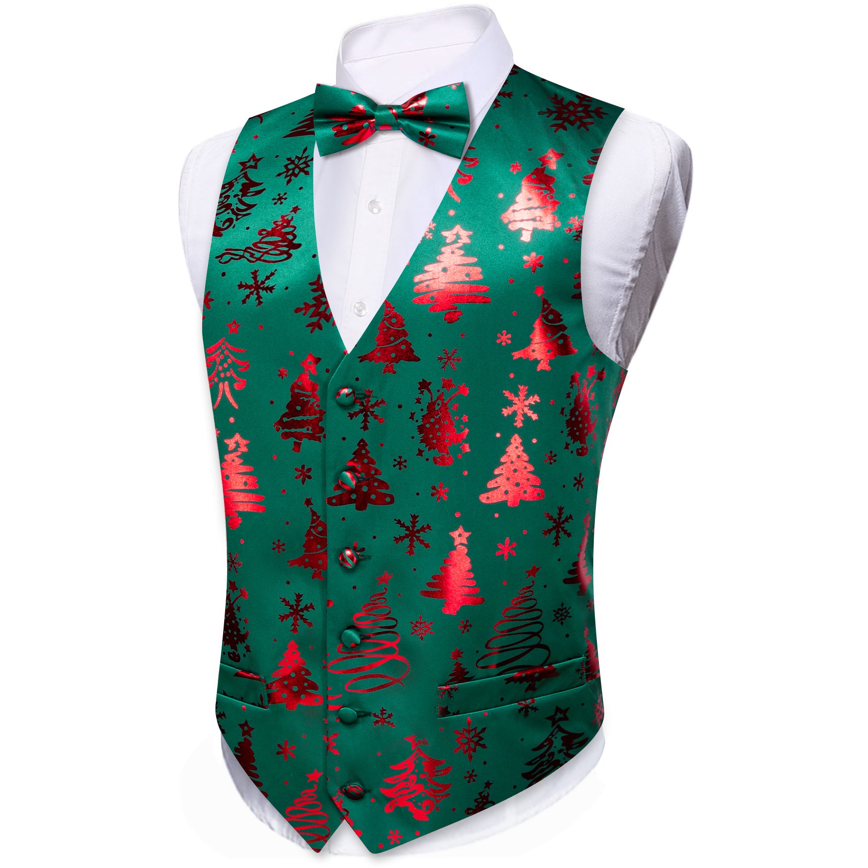 Christmas Green Red Xmas Pattern Waistcoat Vest Bowtie Set