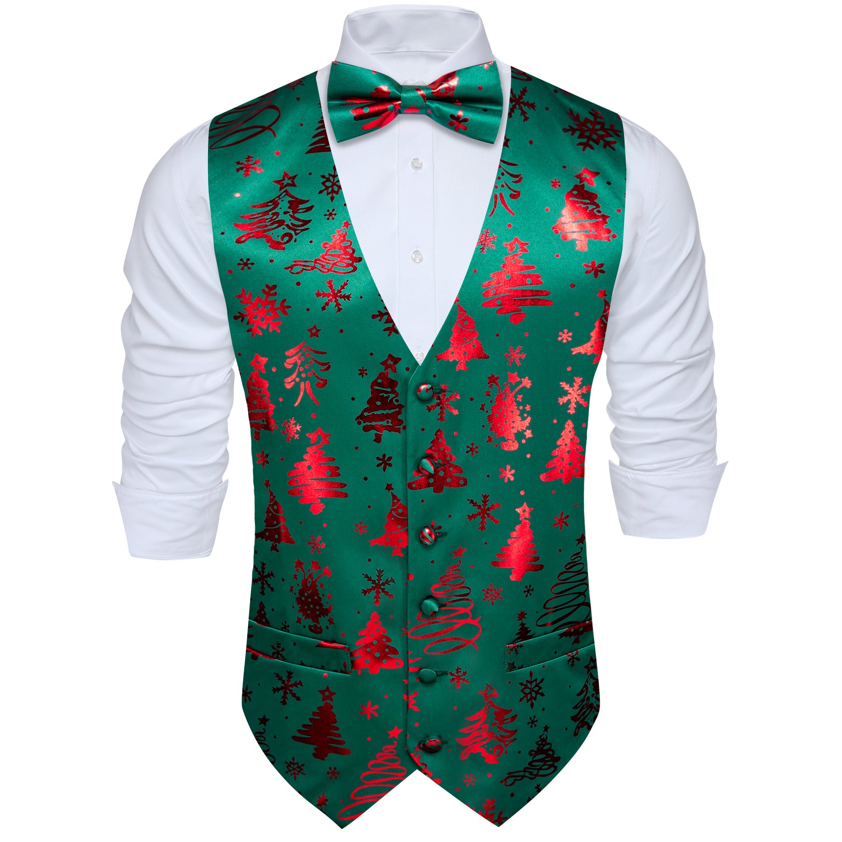 Christmas Green Red Xmas Pattern Waistcoat Vest Bowtie Set