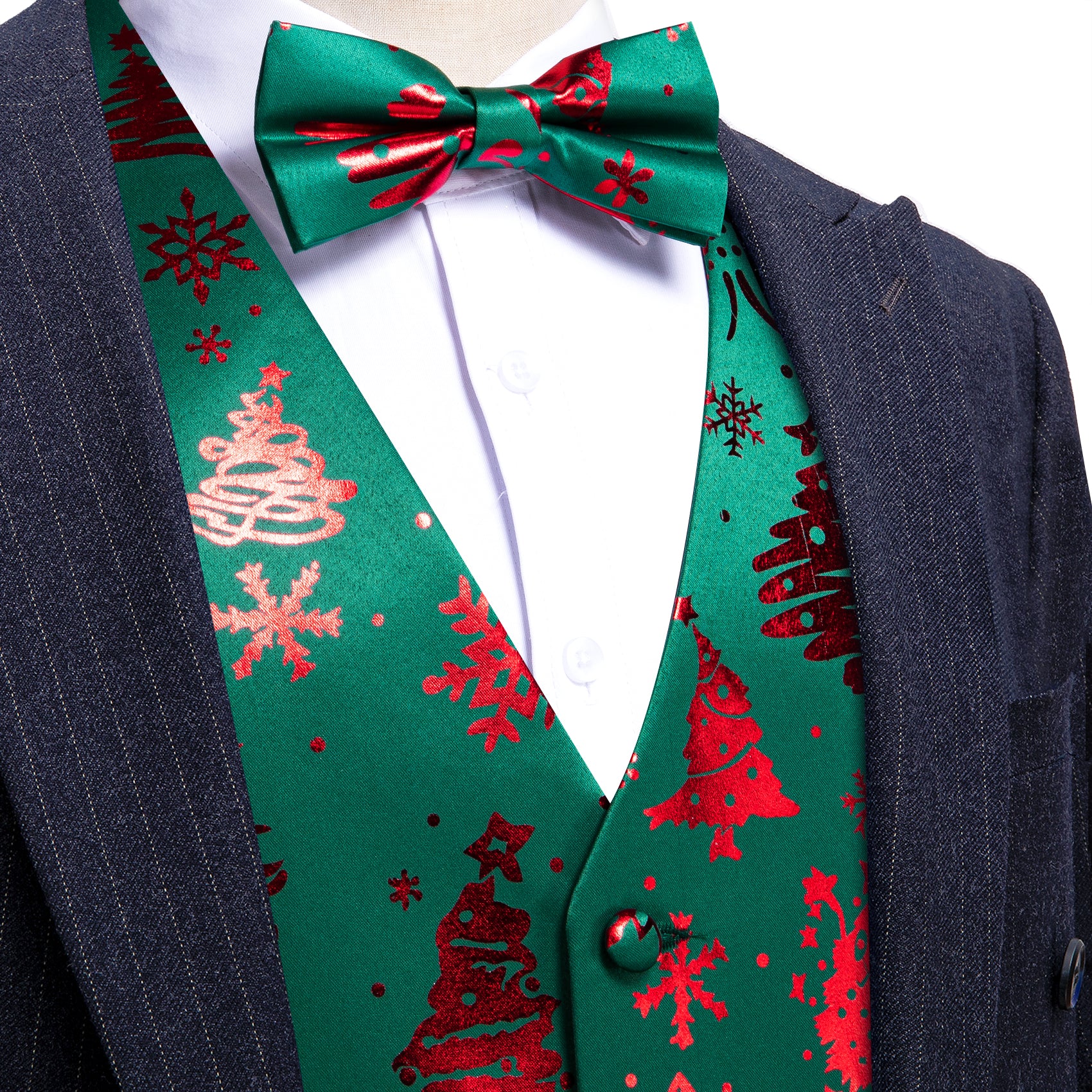 Christmas Green Red Xmas Pattern Waistcoat Vest Bowtie Set