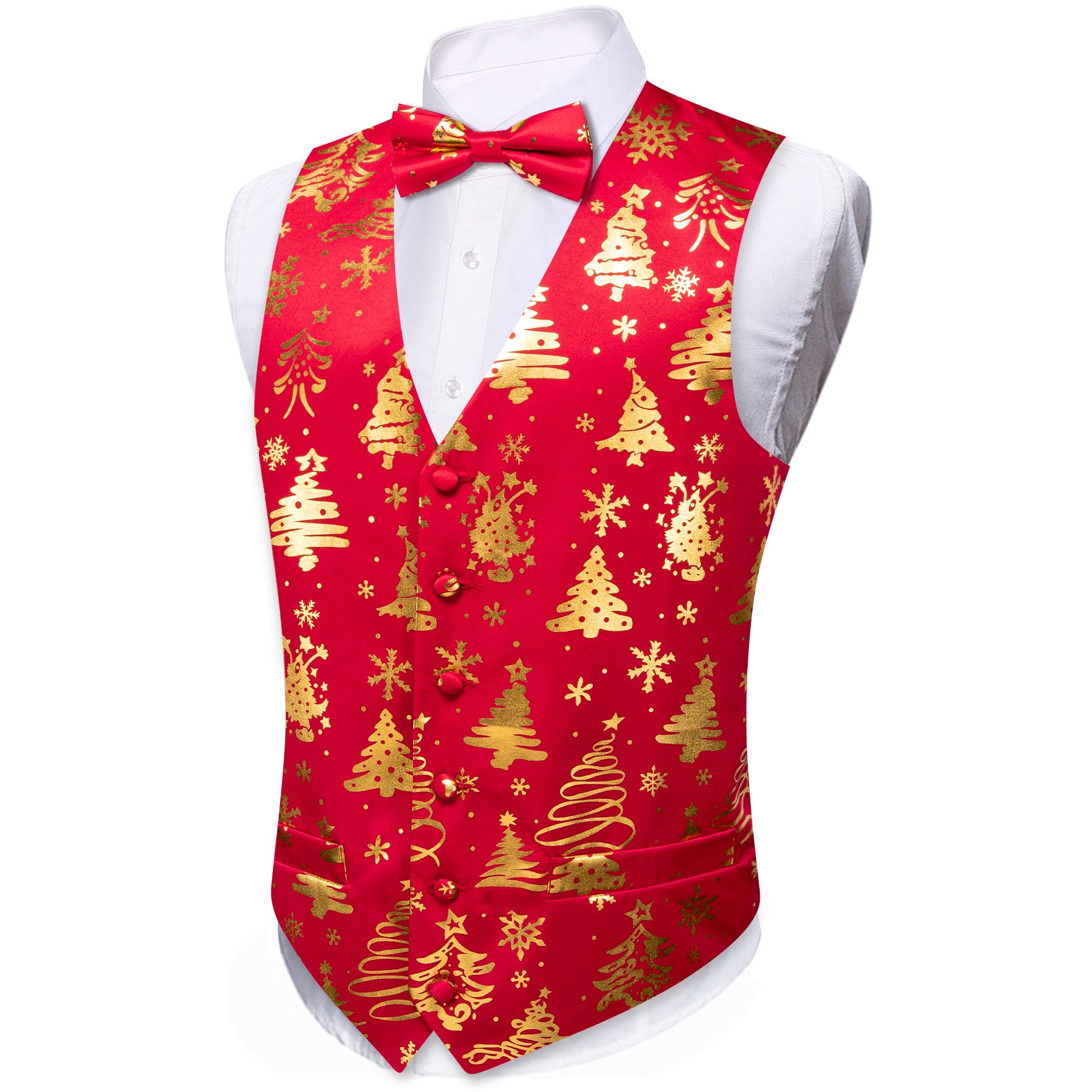 Christmas Red Gold Xmas Pattern Waistcoat Vest Bowtie Set