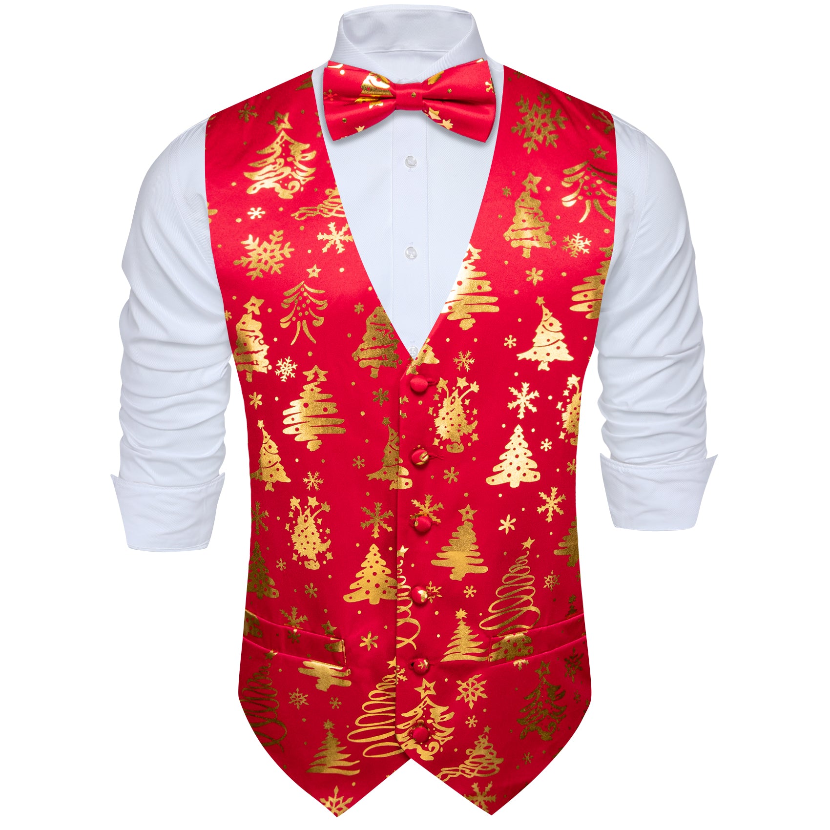 Christmas Red Gold Xmas Pattern Waistcoat Vest Bowtie Set