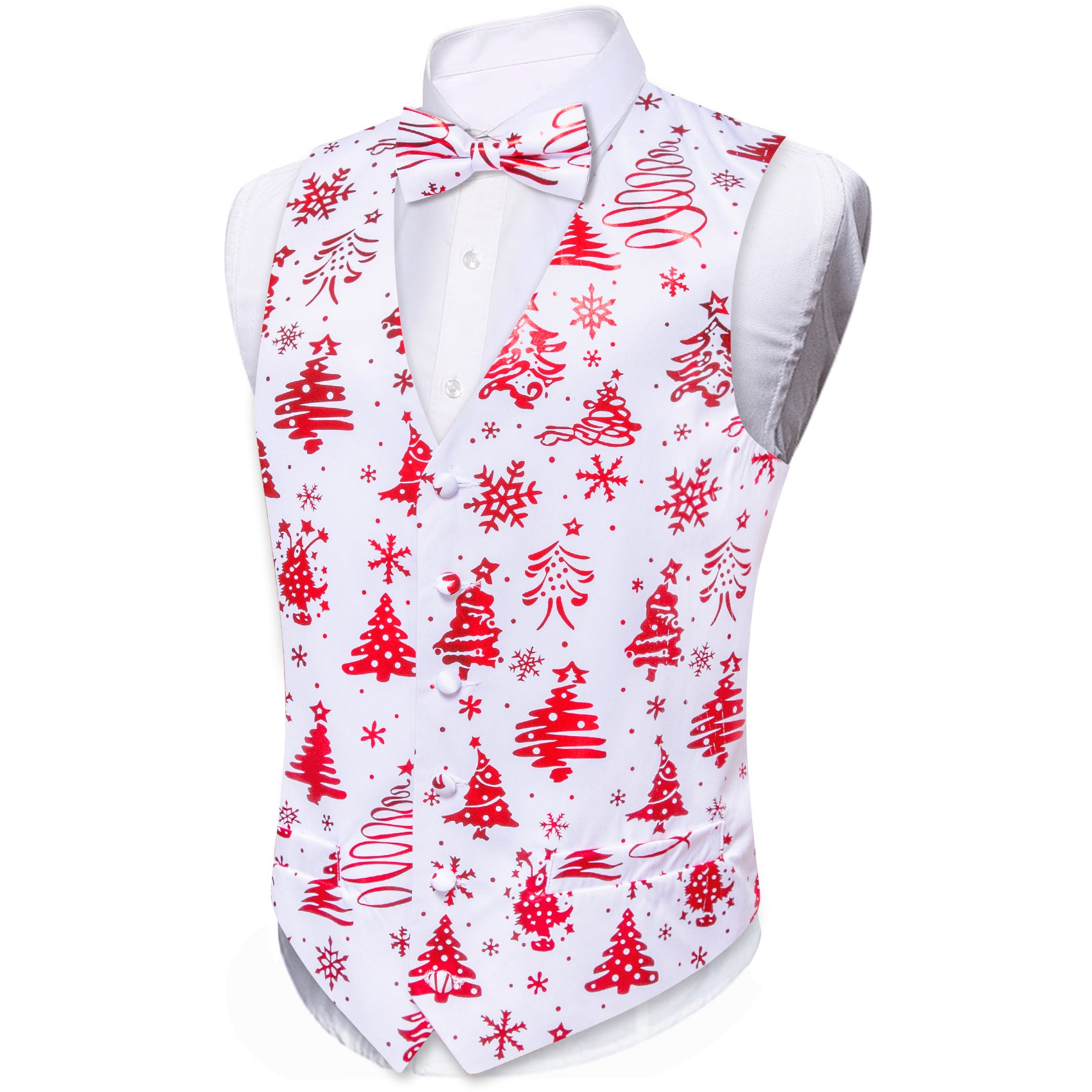 Christmas White Red Xmas Pattern Waistcoat Vest Bowtie Set