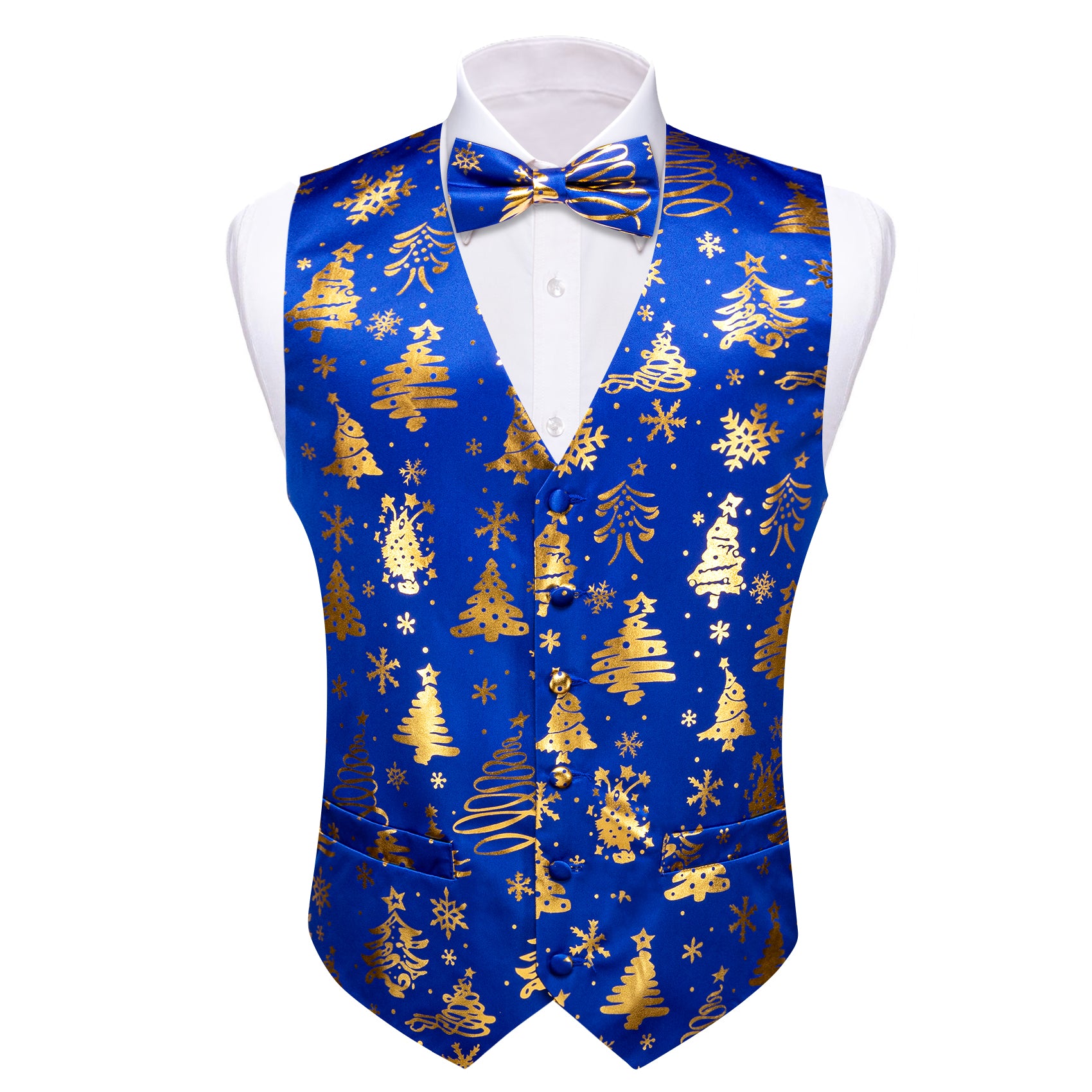 Christmas Blue Gold Xmas Tree Bowtie Waistcoat Vest Set