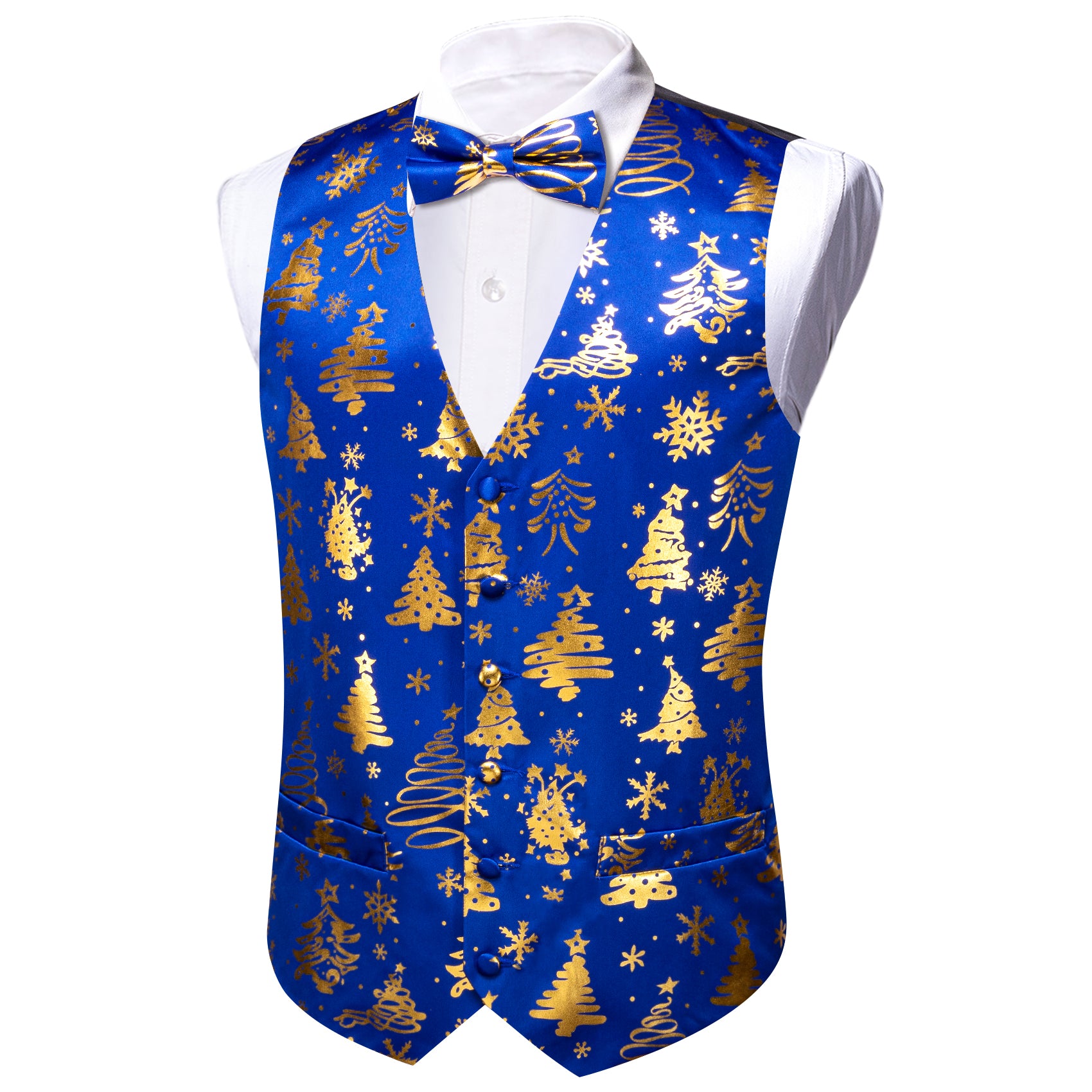 Christmas Blue Gold Xmas Tree Bowtie Waistcoat Vest Set