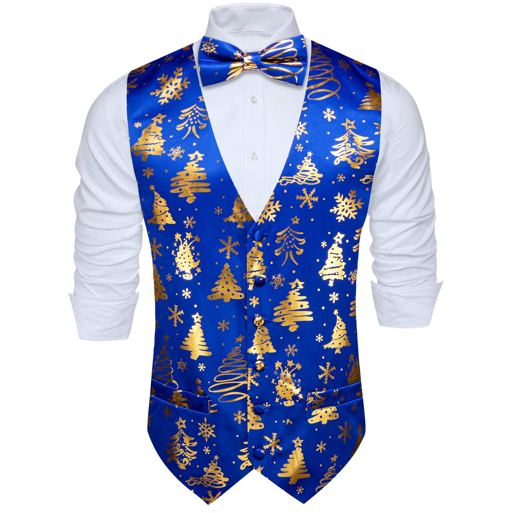 Christmas Blue Gold Xmas Tree Bowtie Waistcoat Vest Set