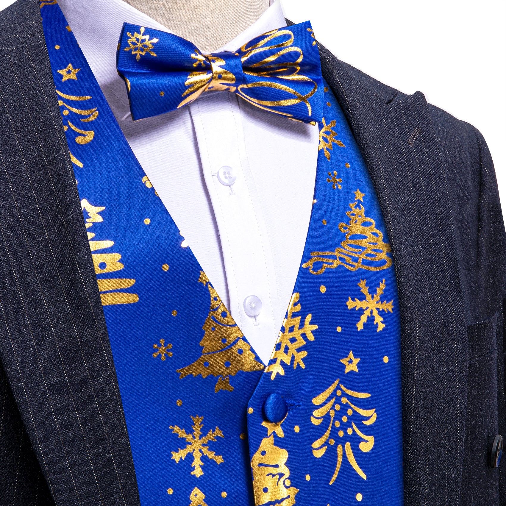 Christmas Blue Gold Xmas Tree Bowtie Waistcoat Vest Set