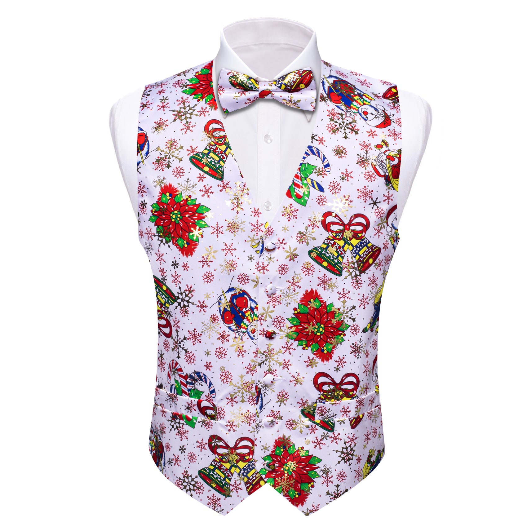 Christmas White Red Xmas Pattern Silk Vest Bowtie Set