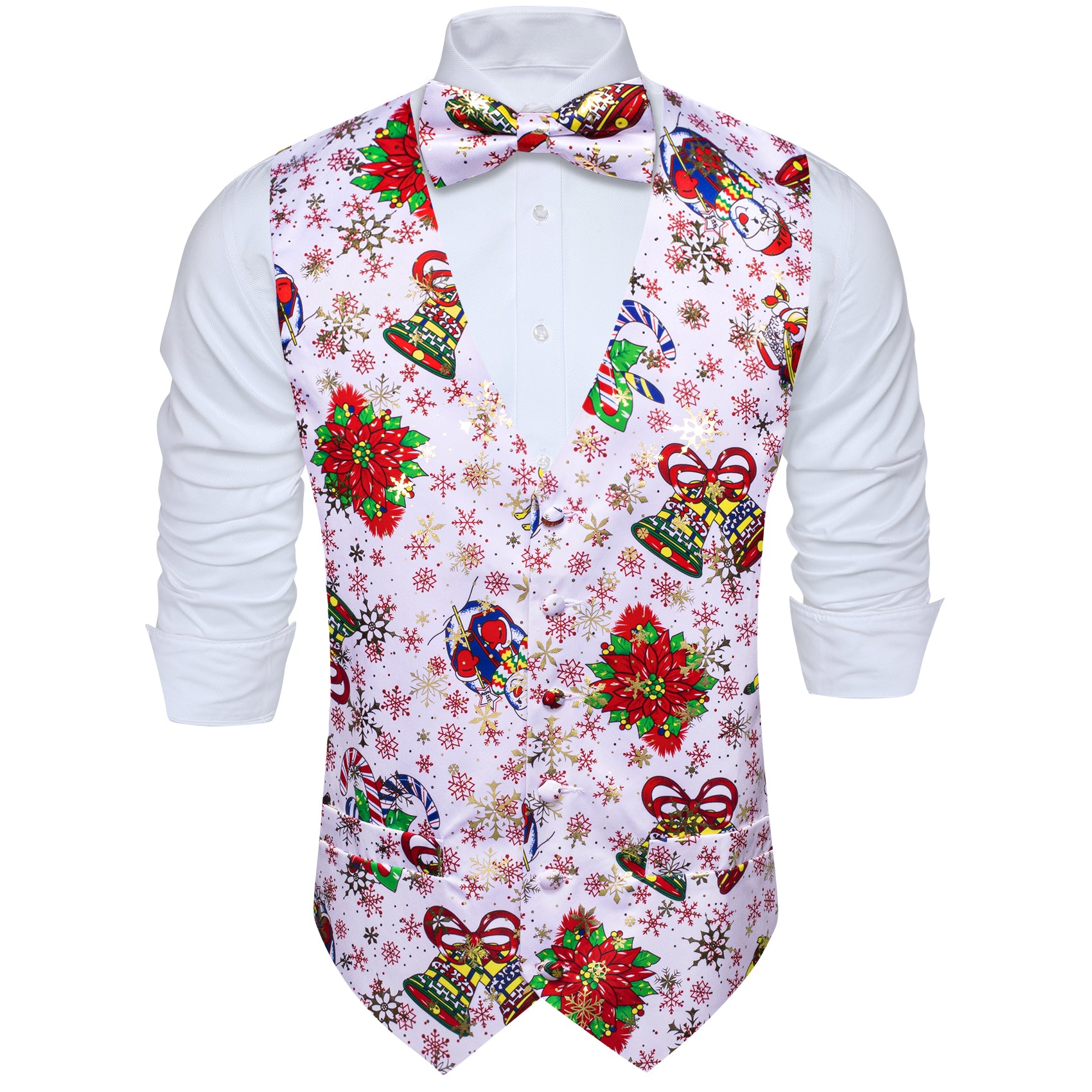 Christmas White Red Xmas Pattern Silk Vest Bowtie Set