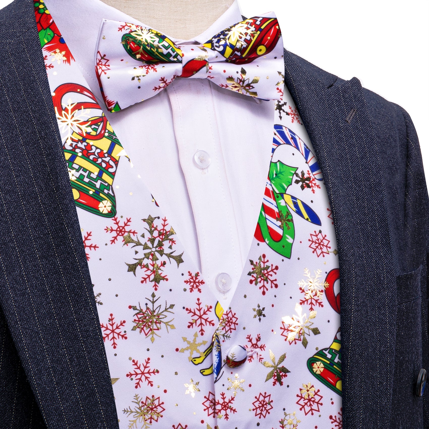 Christmas White Red Xmas Pattern Silk Vest Bowtie Set