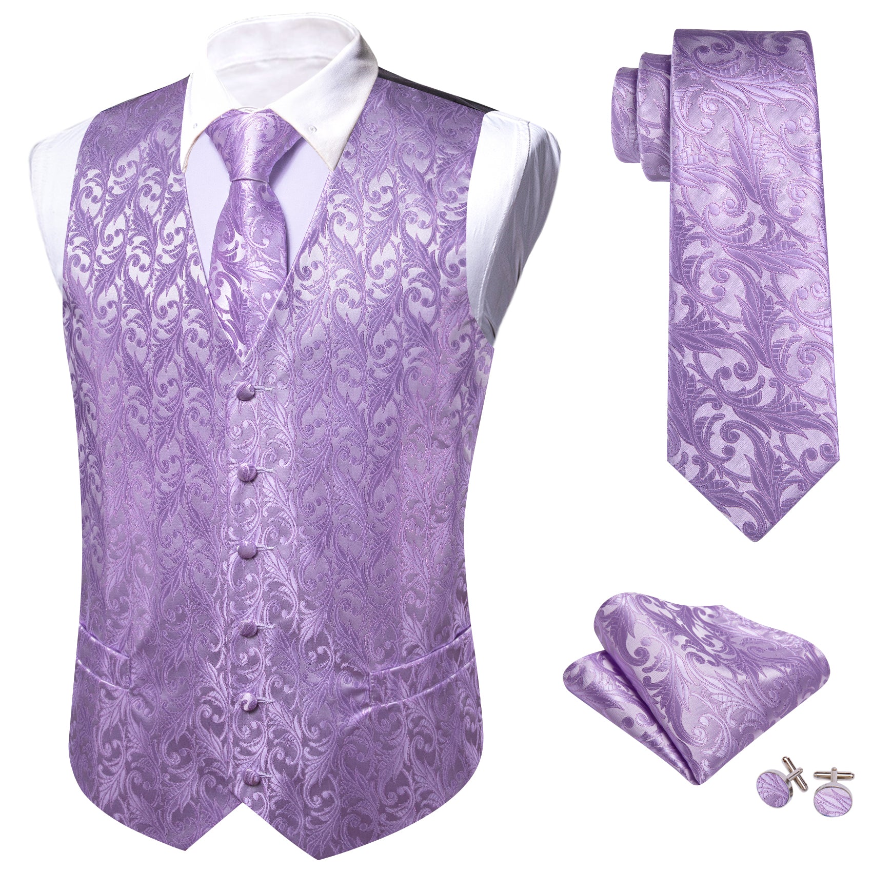 Barry Wang Purple Floral Silk Vest Necktie Pocket Square Cufflinks Set