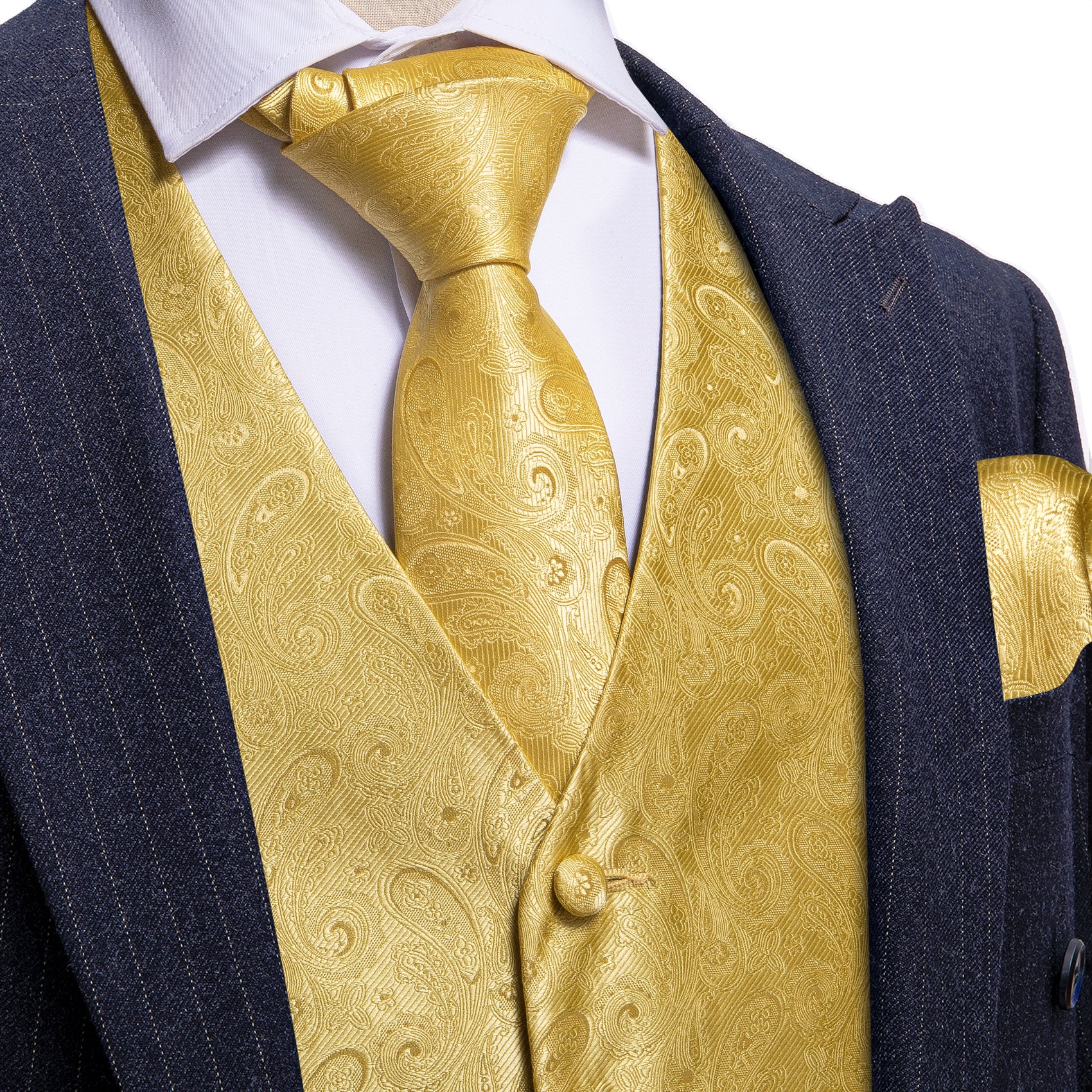 Barry Wang V-Neck Waistcoat Yellow Paisley Silk Prom Vest Necktie Set