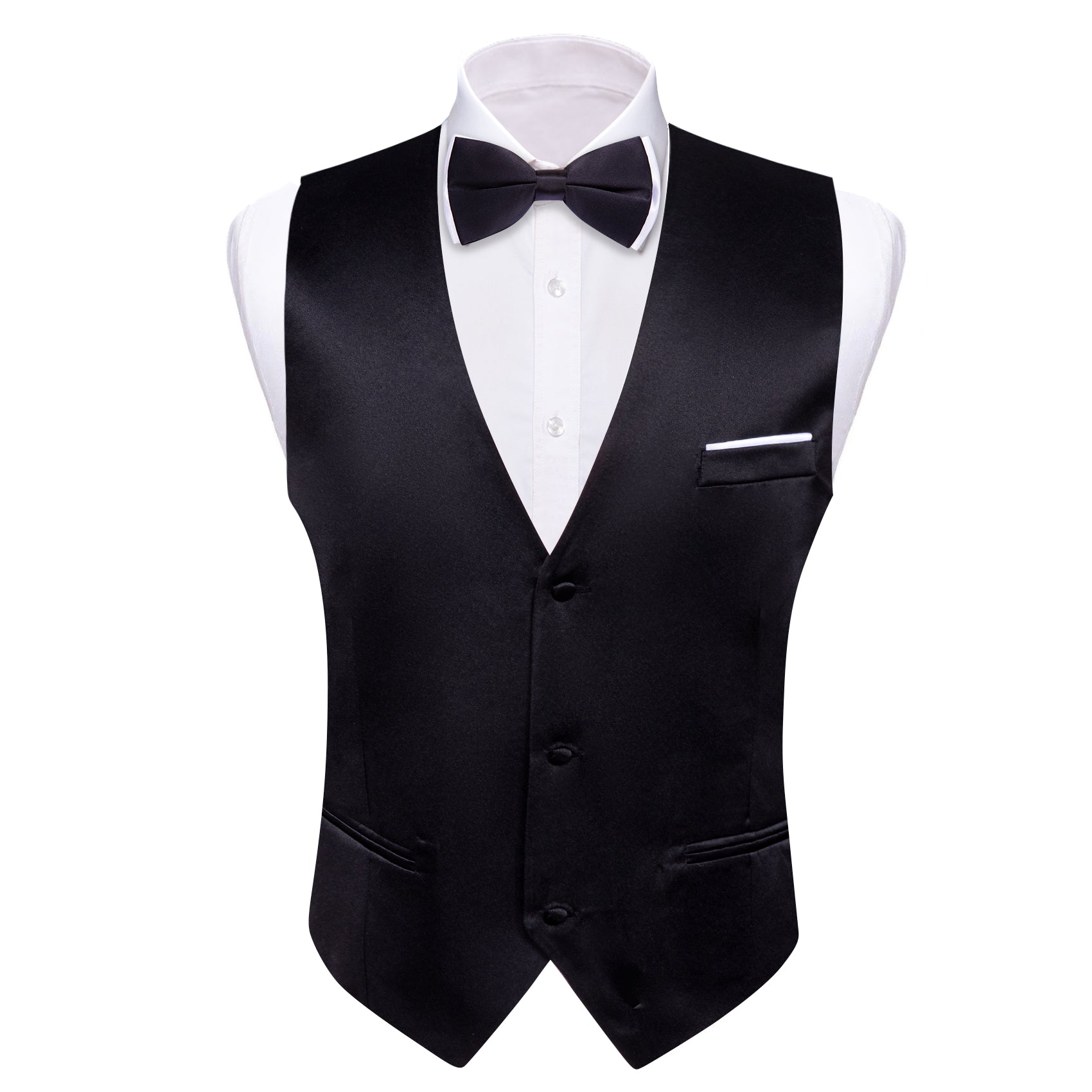  Black Solid Silk Vest Bowtie Pocket Square Cufflinks Set