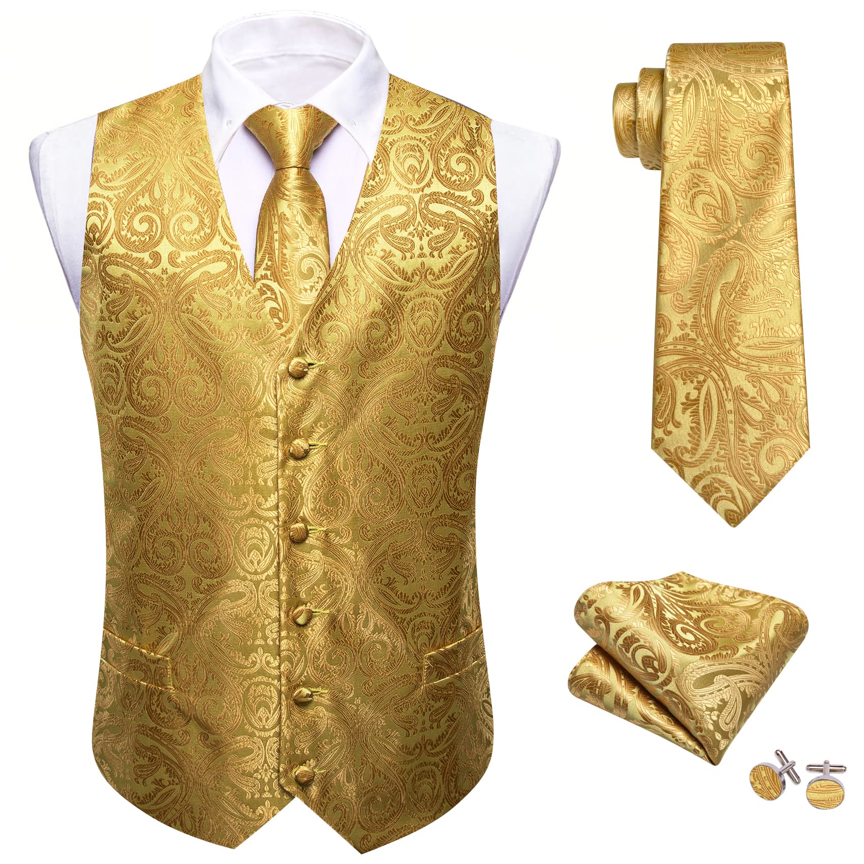 Barry Wang Waistcoat Granola Yellow Paisley Men's V-Neck Vest Tie Set