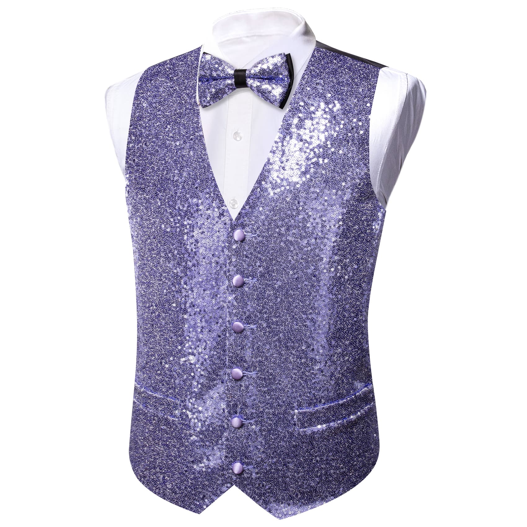 shinny waistcoat for party  all black tux with purple bow tie