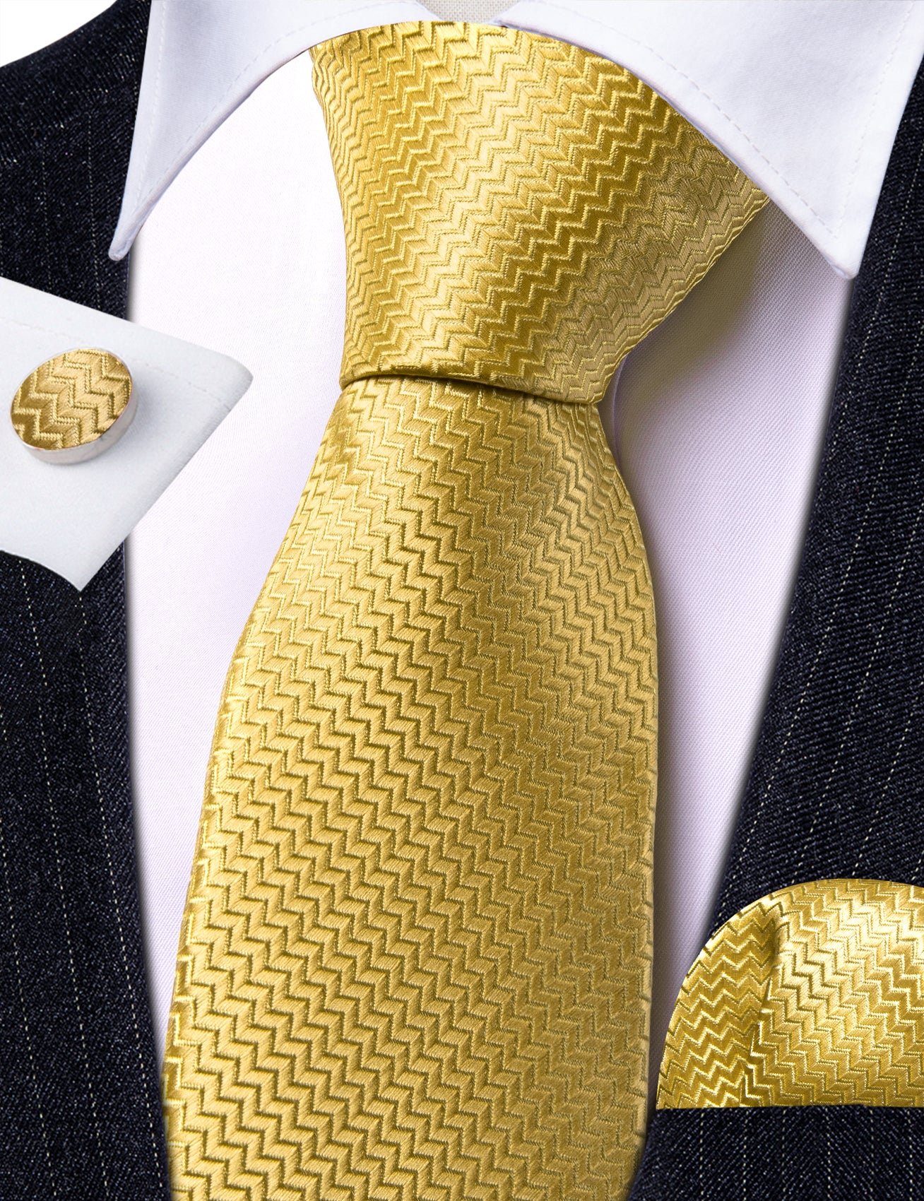 Men's Yellow Necktie Jacquard Ripple Silk 63 Inches Tie Set