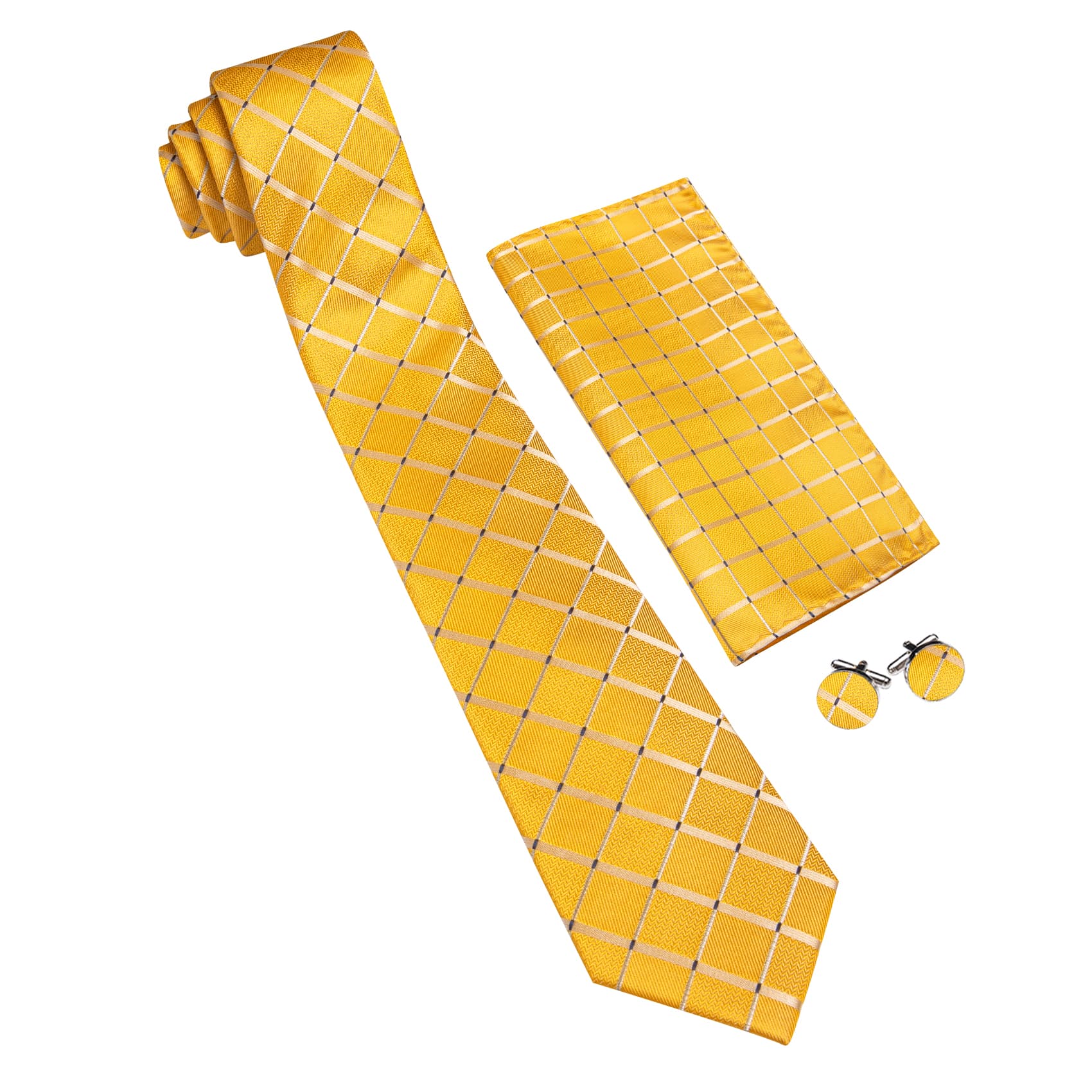  Yellow Tie Mens Beige Stripes Checkered Necktie Set