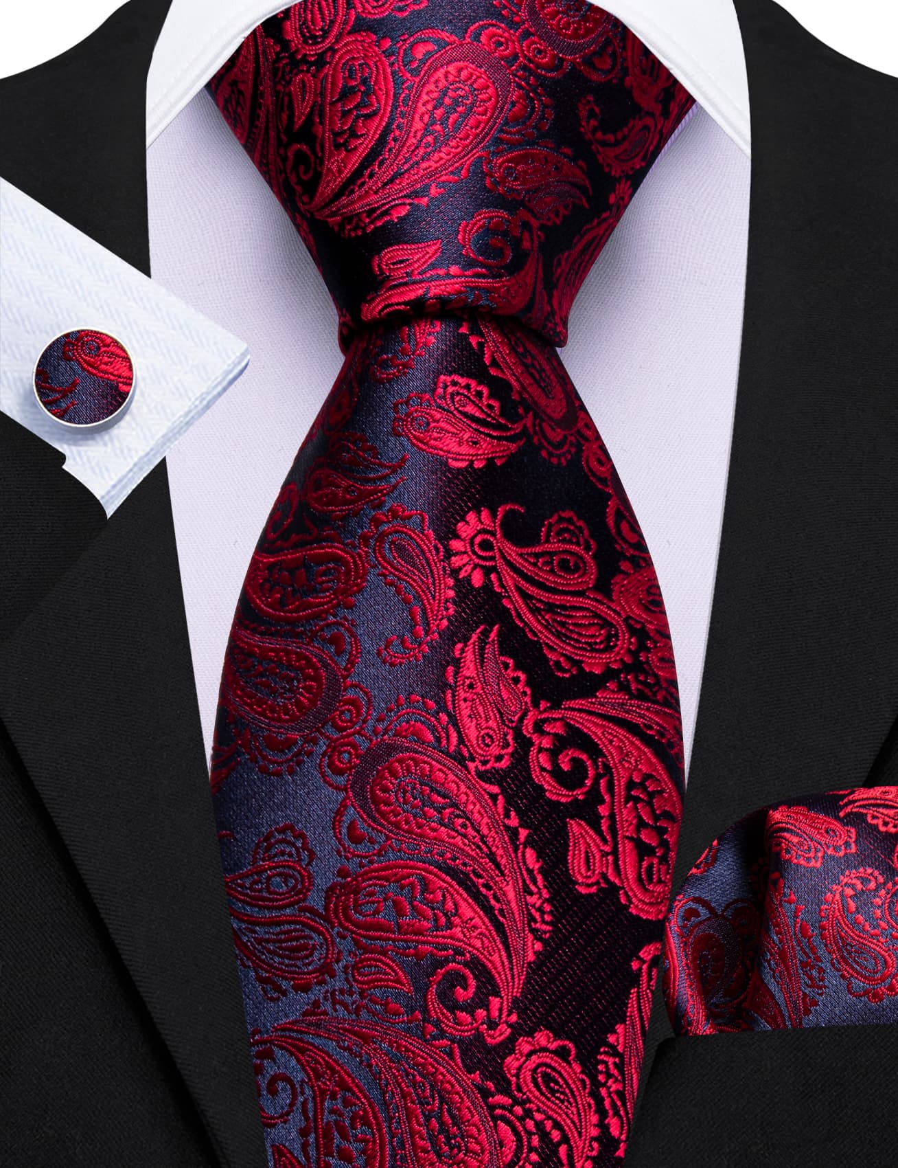 blcak suit whit shirt blue red jacquard paisley necktie for men  all black suit with burgundy tie