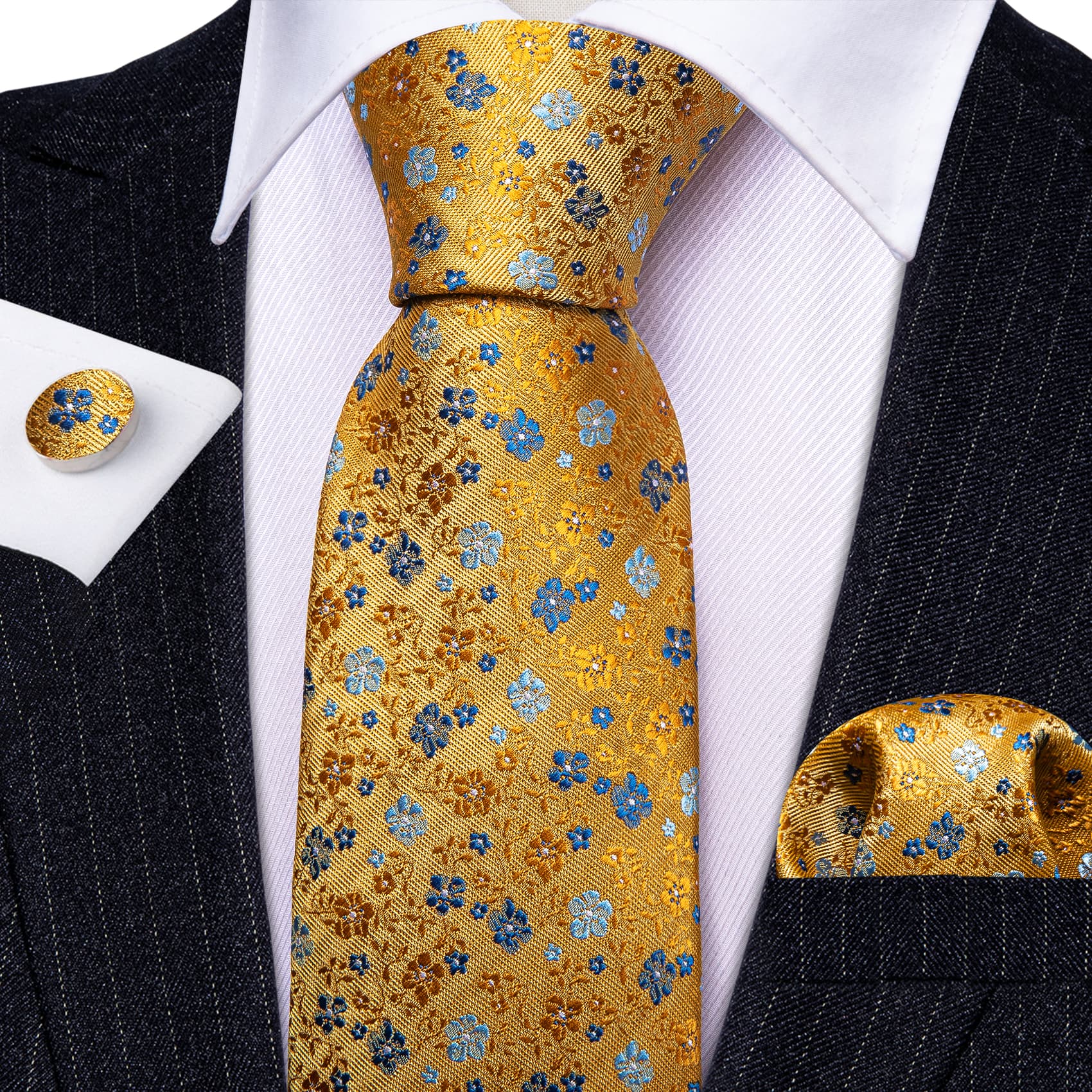 Yellow Blue Flower Tie Handkerchief Cufflinks Set