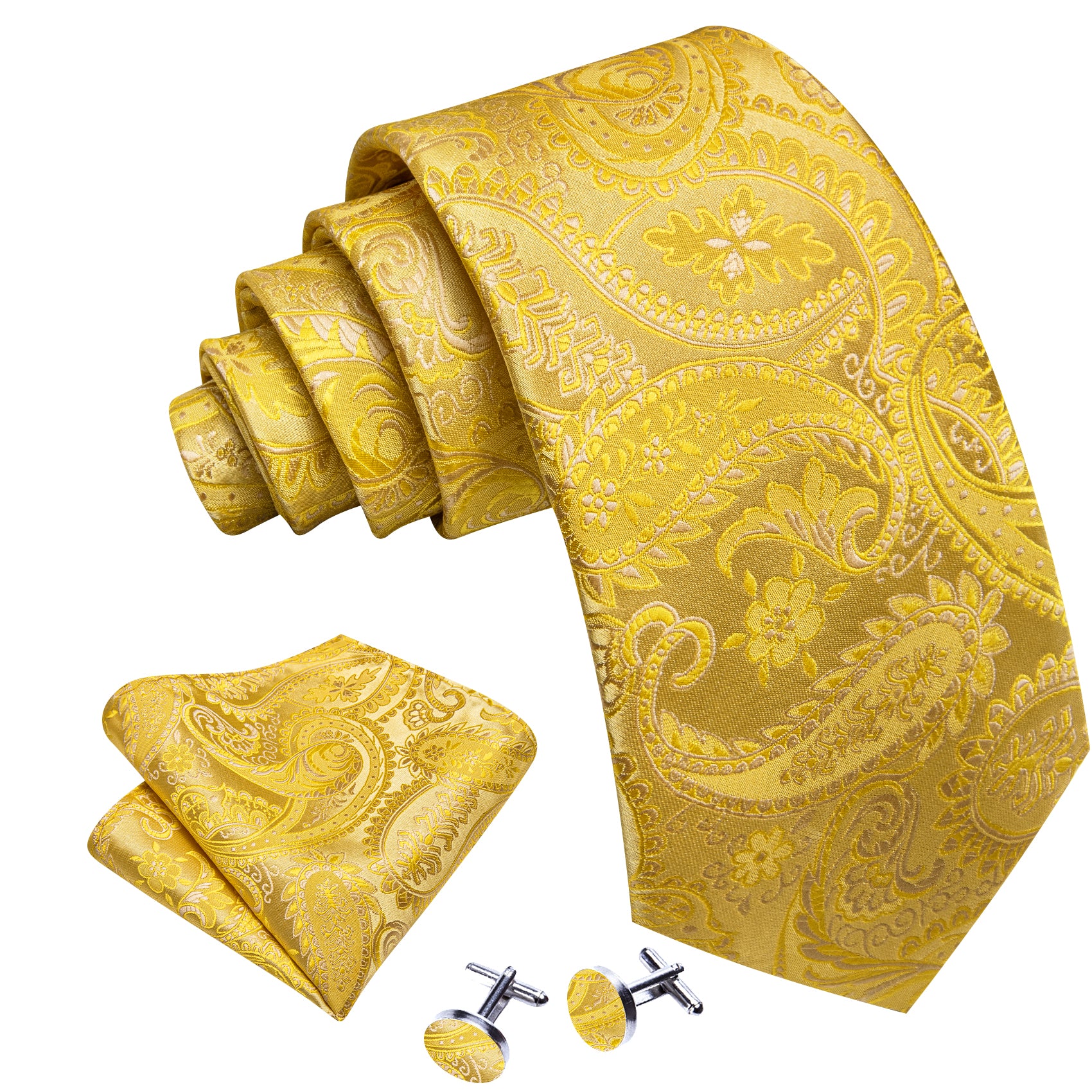 Yellow Paisley Silk Tie Pocket Square Cufflinks Set