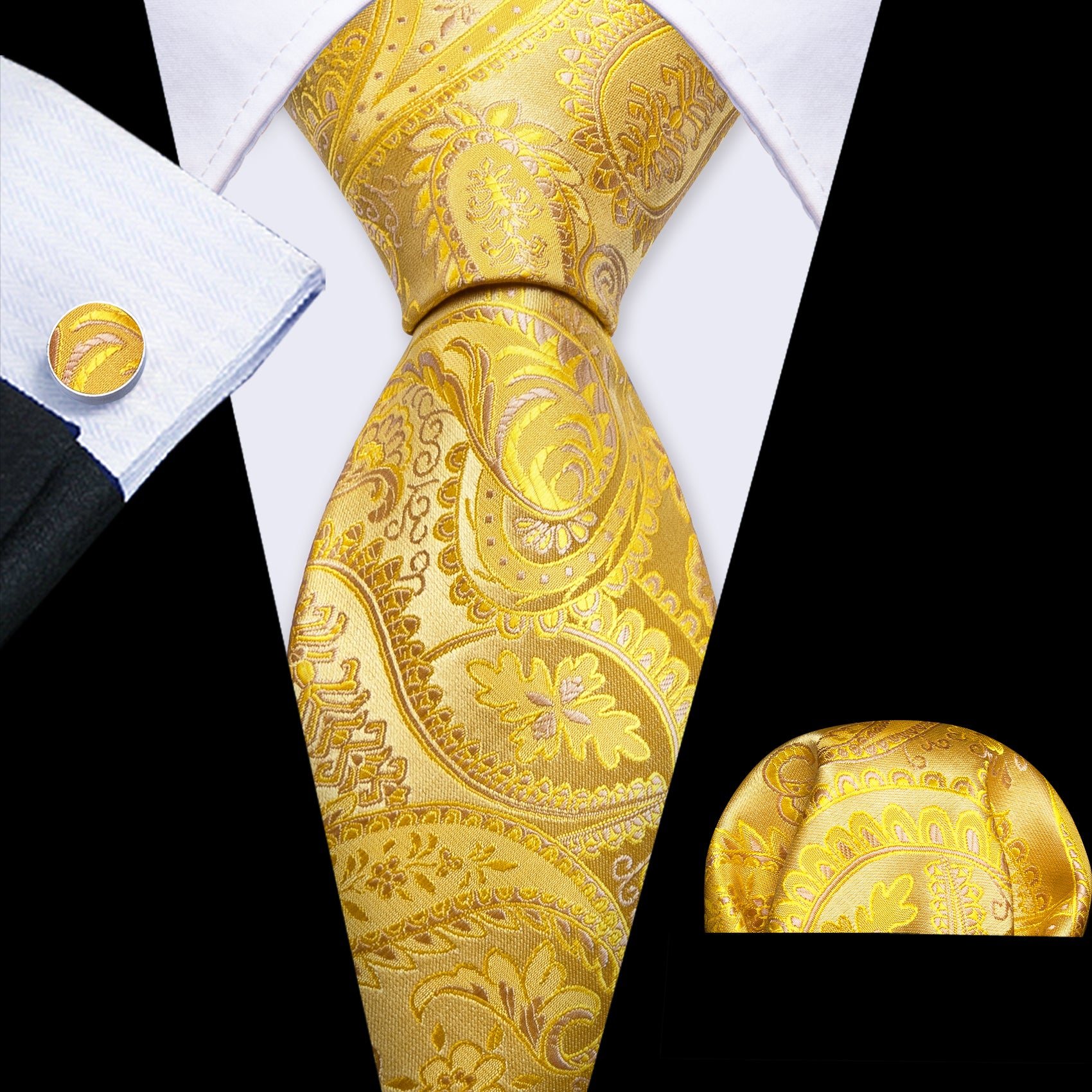 Yellow Paisley Silk Tie Pocket Square Cufflinks Set