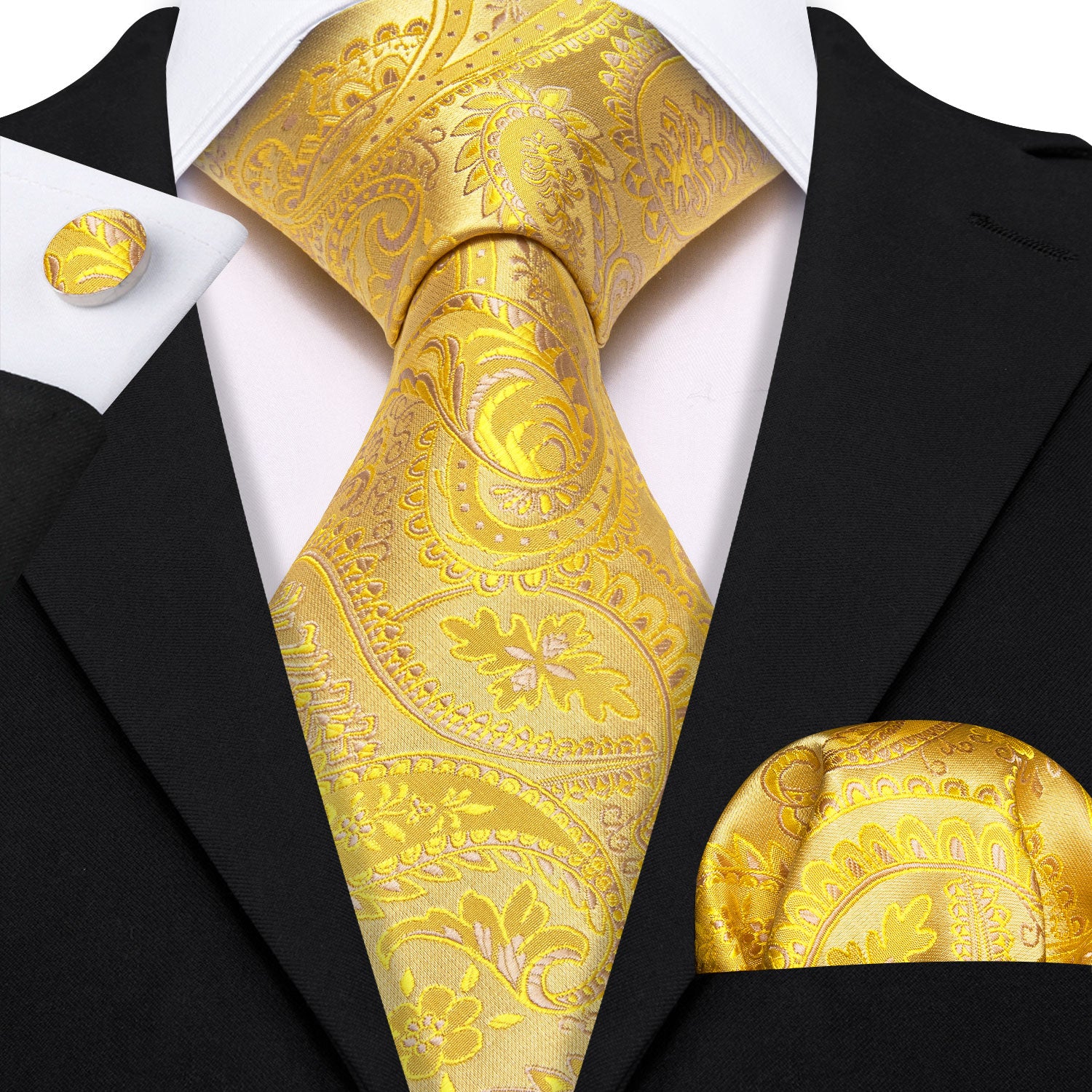 Yellow Paisley Silk Tie Pocket Square Cufflinks Set