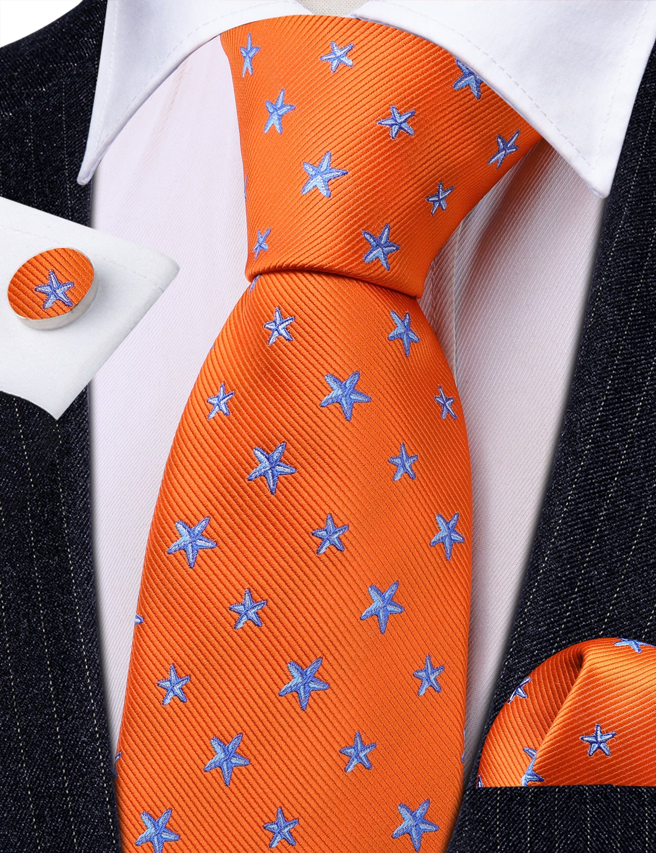 Orange Blue Star Silk Tie Pocket Square Cufflinks Set