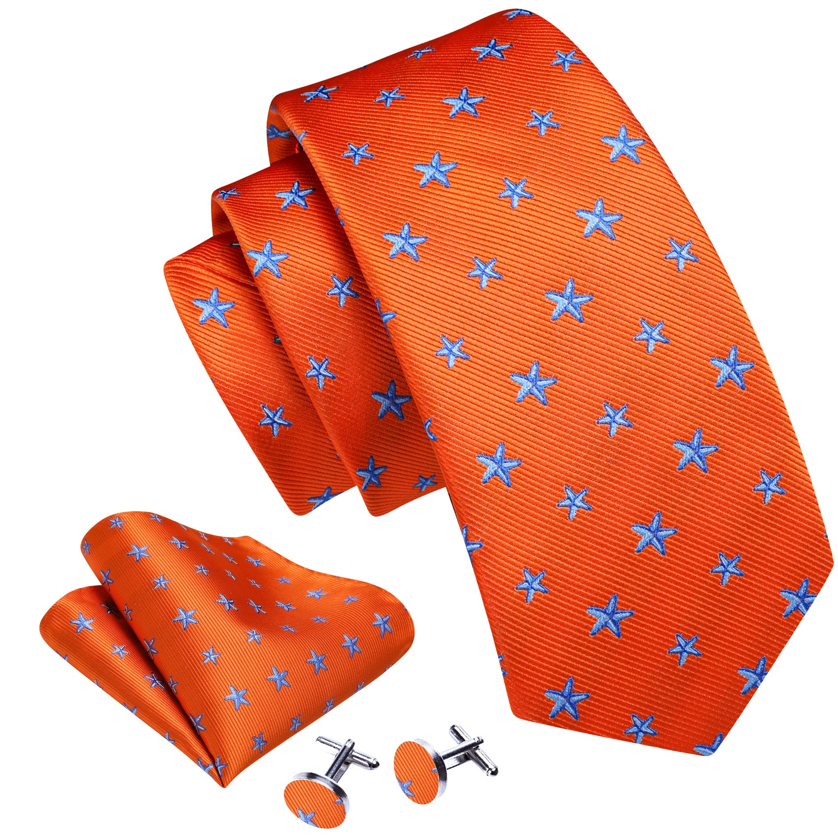 Orange Blue Star Silk Tie Pocket Square Cufflinks Set