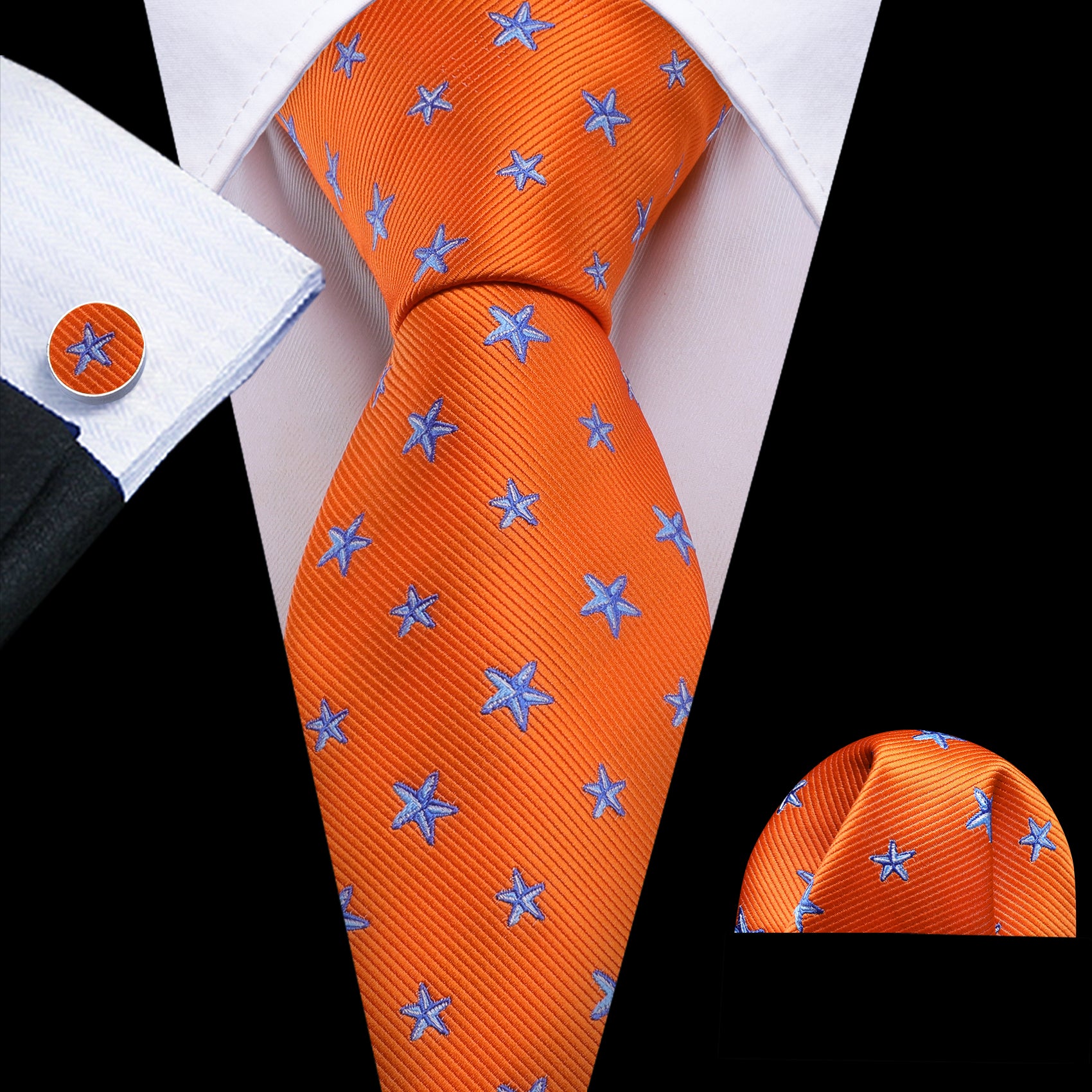 Orange Blue Star Silk Tie Pocket Square Cufflinks Set