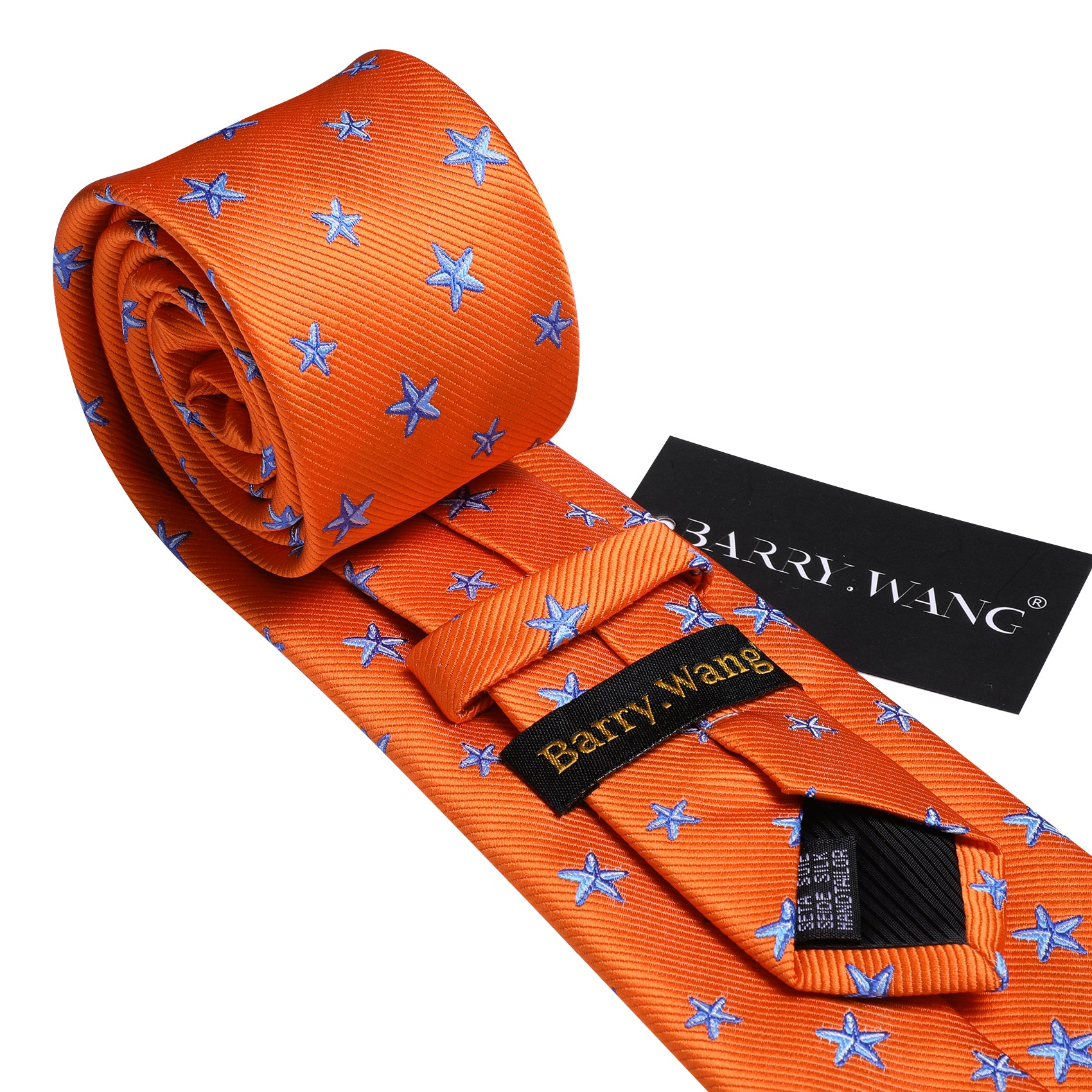 Orange Blue Star Silk Tie Pocket Square Cufflinks Set