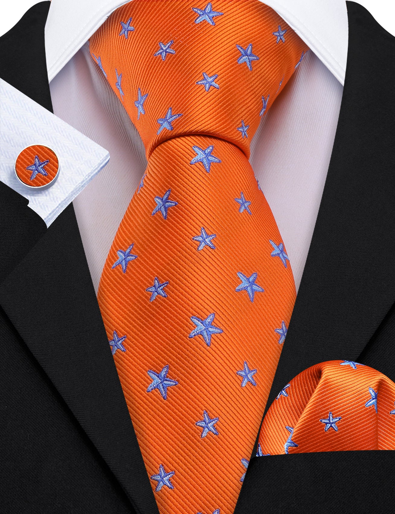 Orange Blue Star Silk Tie Pocket Square Cufflinks Set