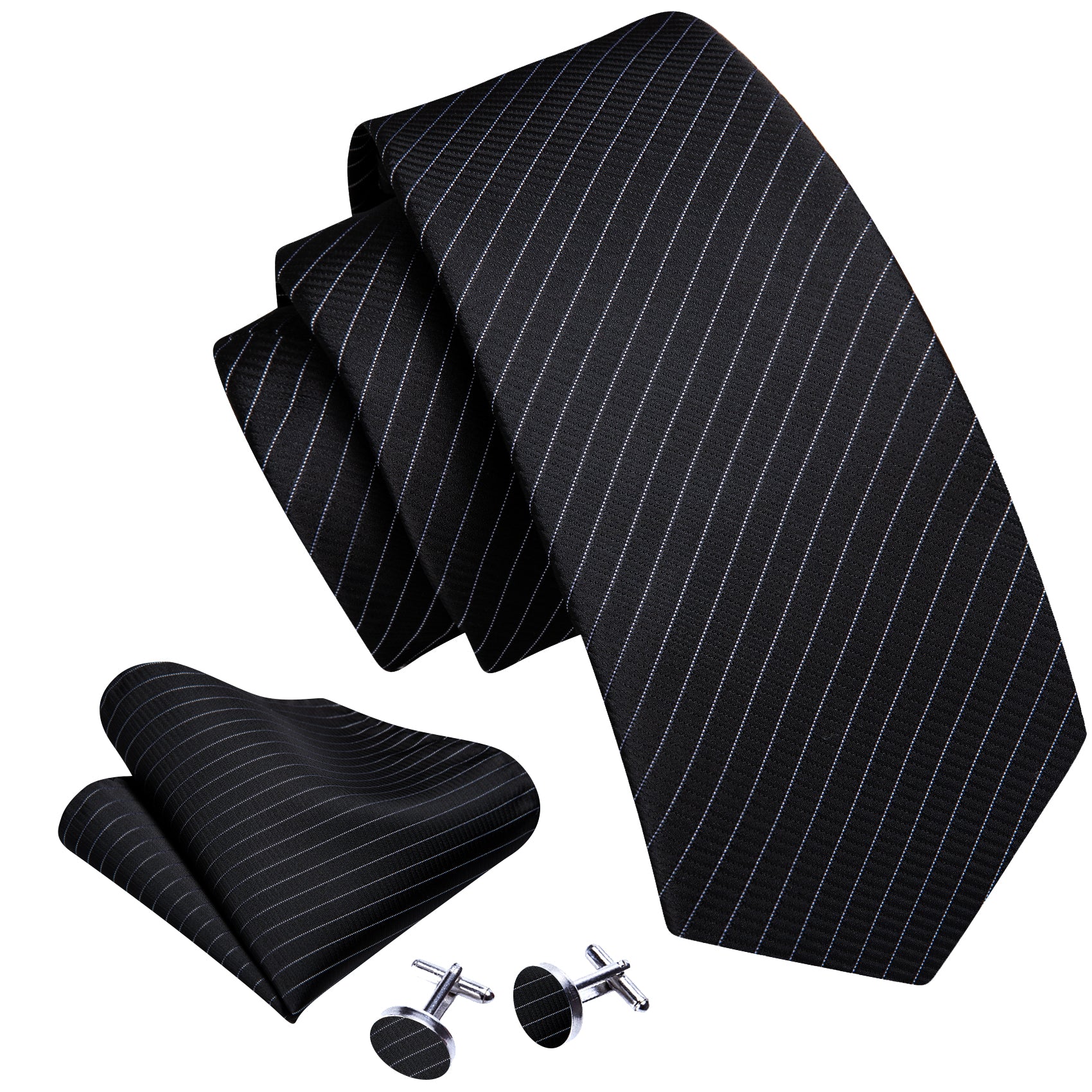 Black White Striped Silk Tie Pocket Square Cufflinks Set