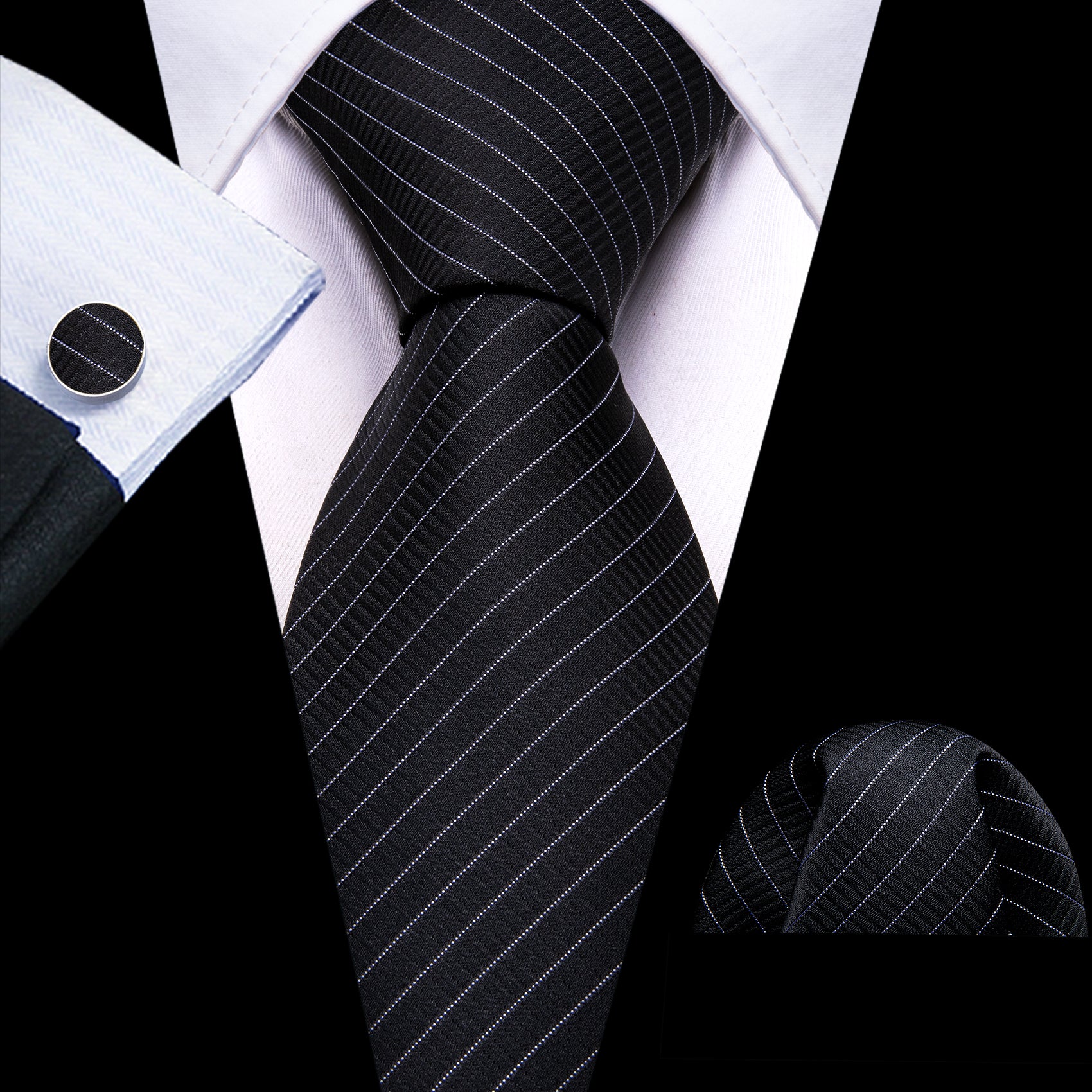 Black White Striped Silk Tie Pocket Square Cufflinks Set