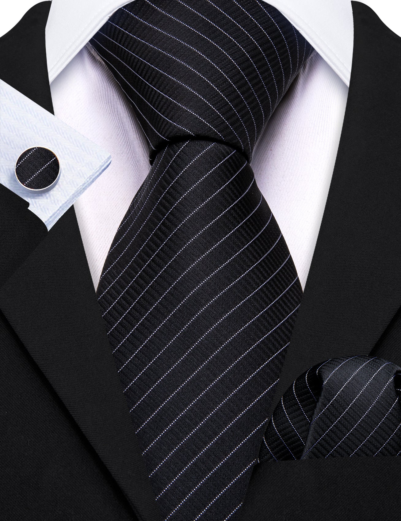 Black White Striped Silk Tie Pocket Square Cufflinks Set