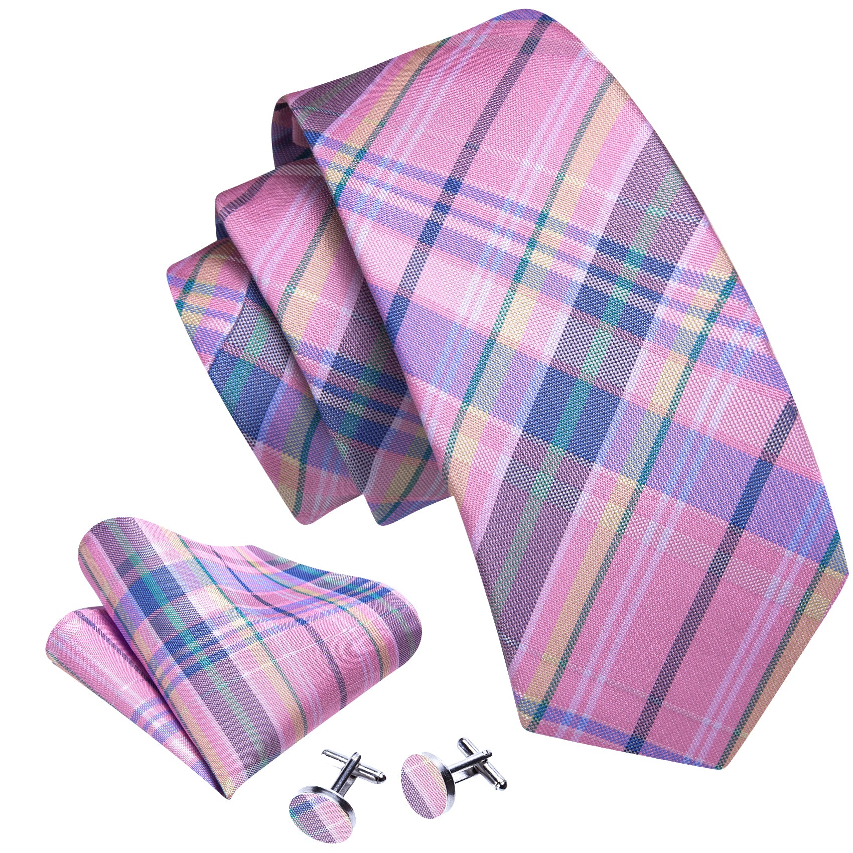 Pink Blue Striped Silk Tie Pocket Square Cufflinks Set