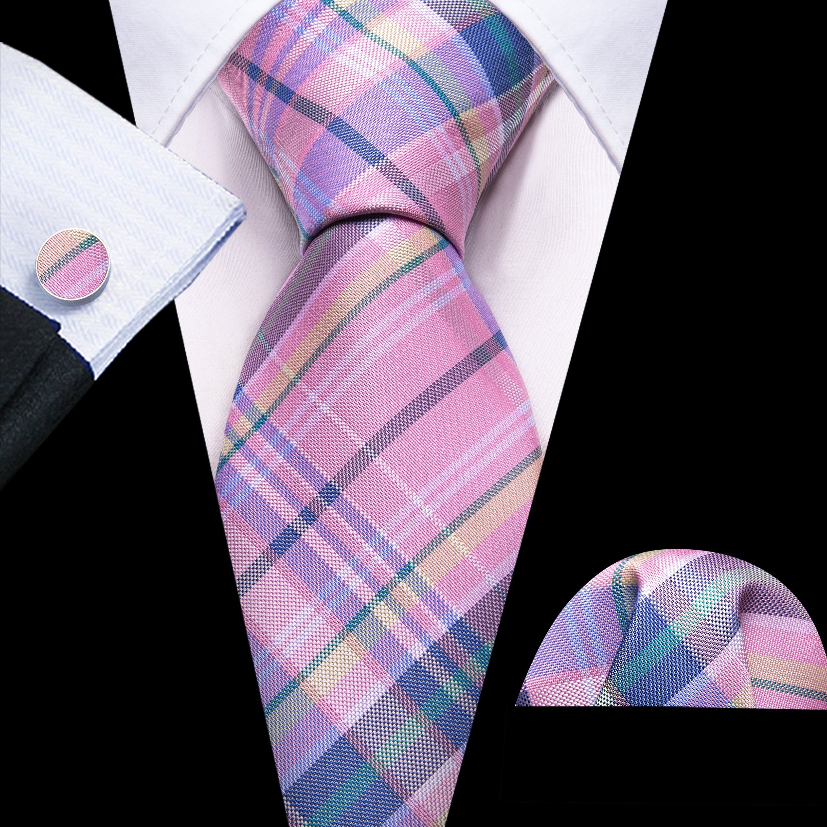 Pink Blue Striped Silk Tie Pocket Square Cufflinks Set