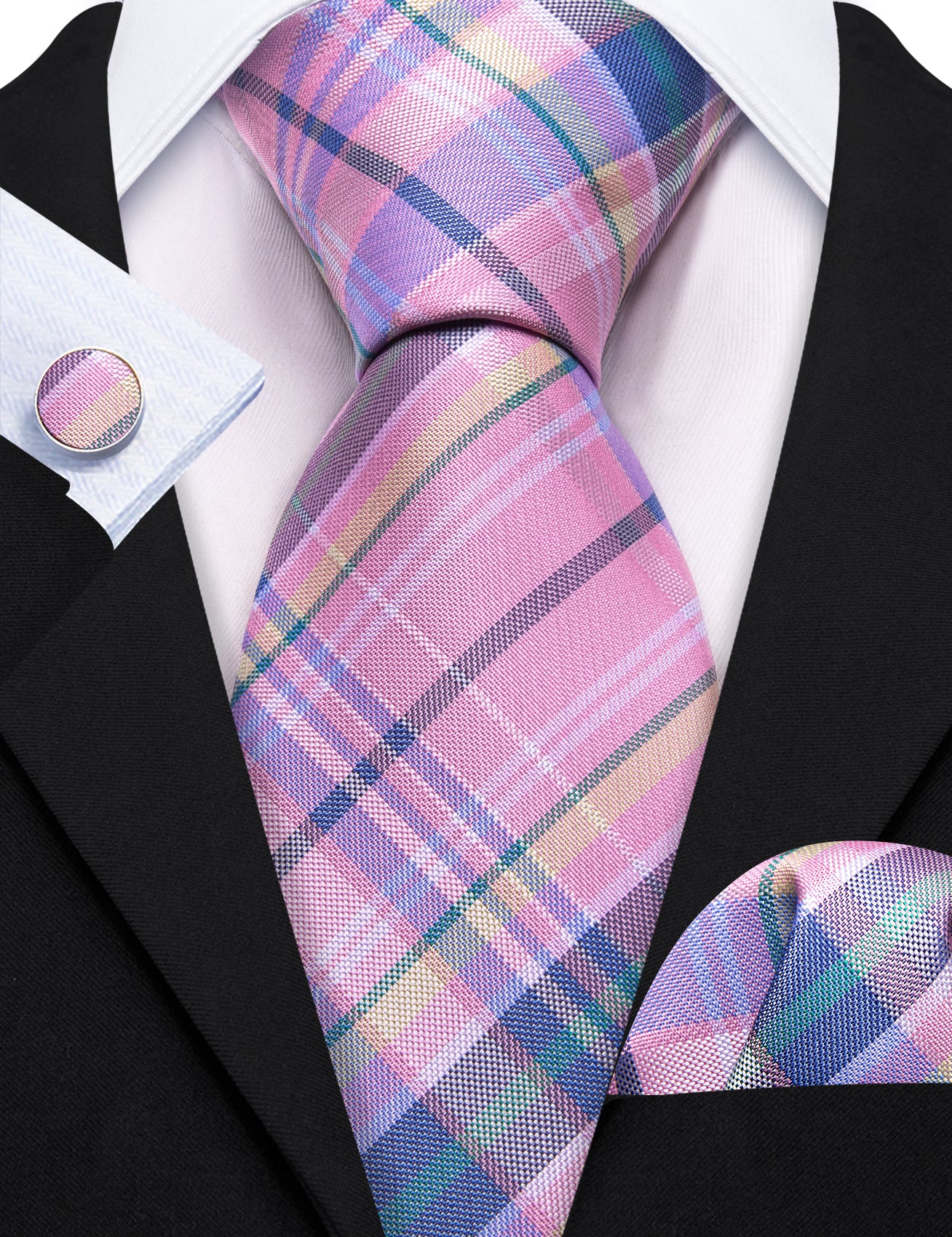 Pink Blue Striped Silk Tie Pocket Square Cufflinks Set