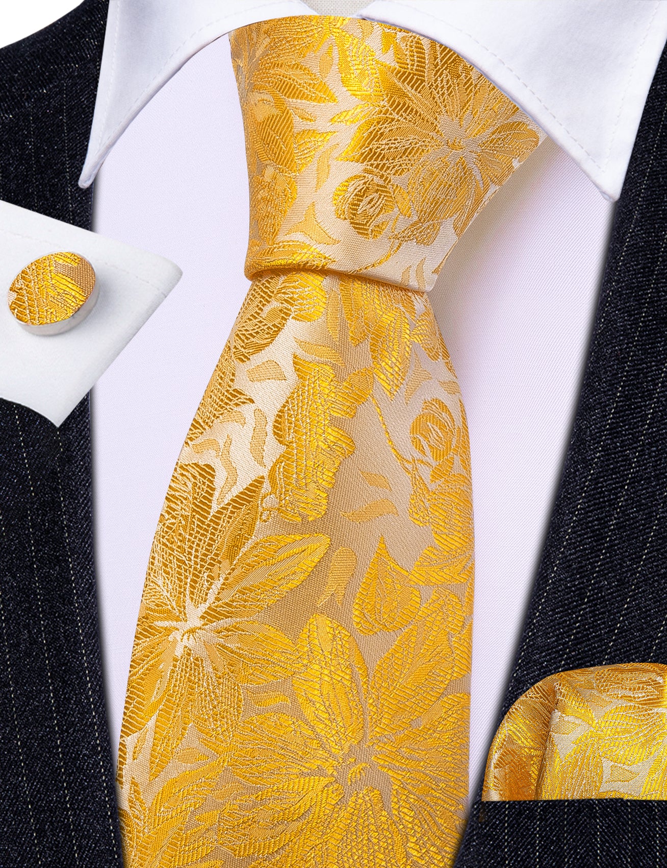 Gold Yellow Floral Silk Mens Tie Handkerchief Cufflinks Set