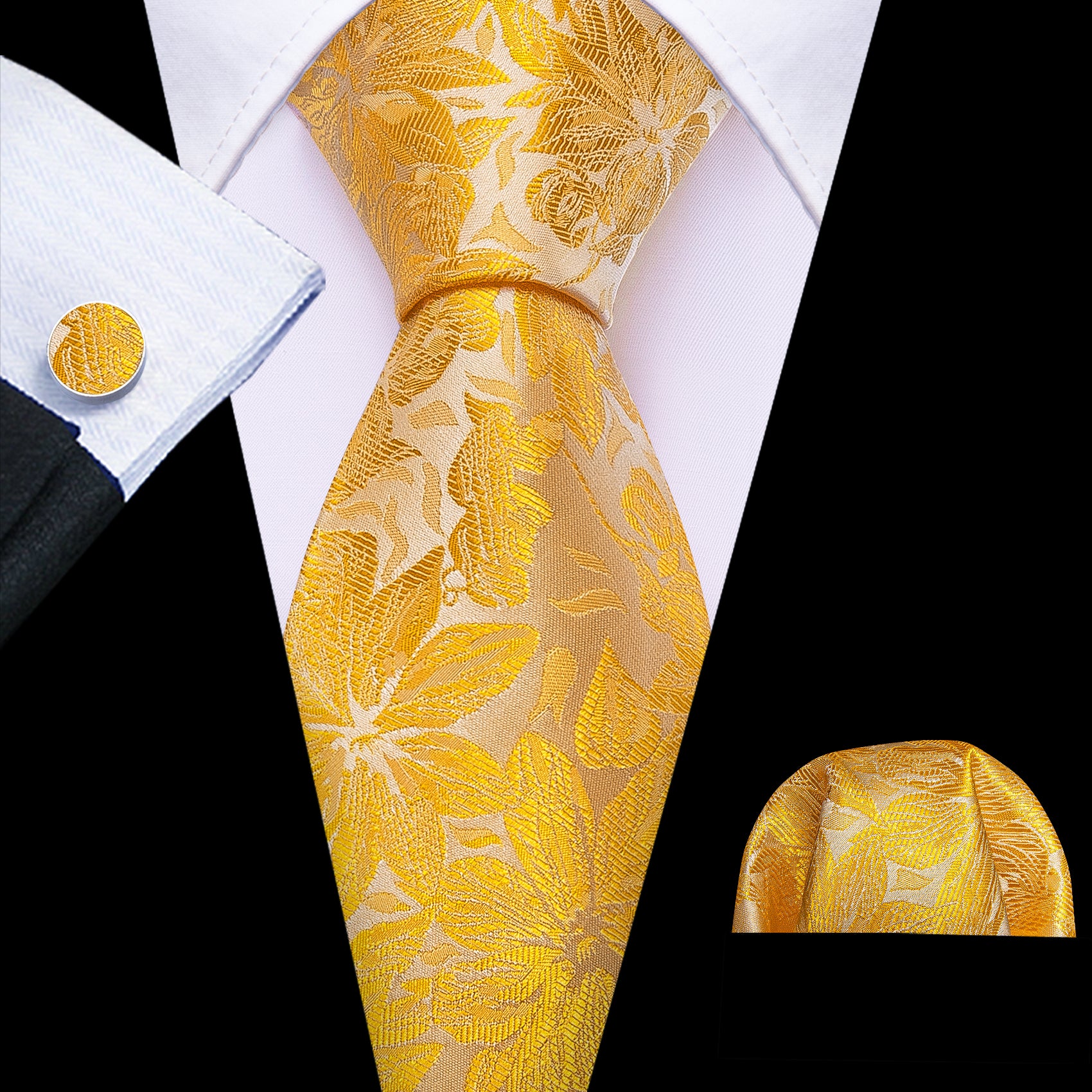 Gold Yellow Floral Silk Mens Tie Handkerchief Cufflinks Set