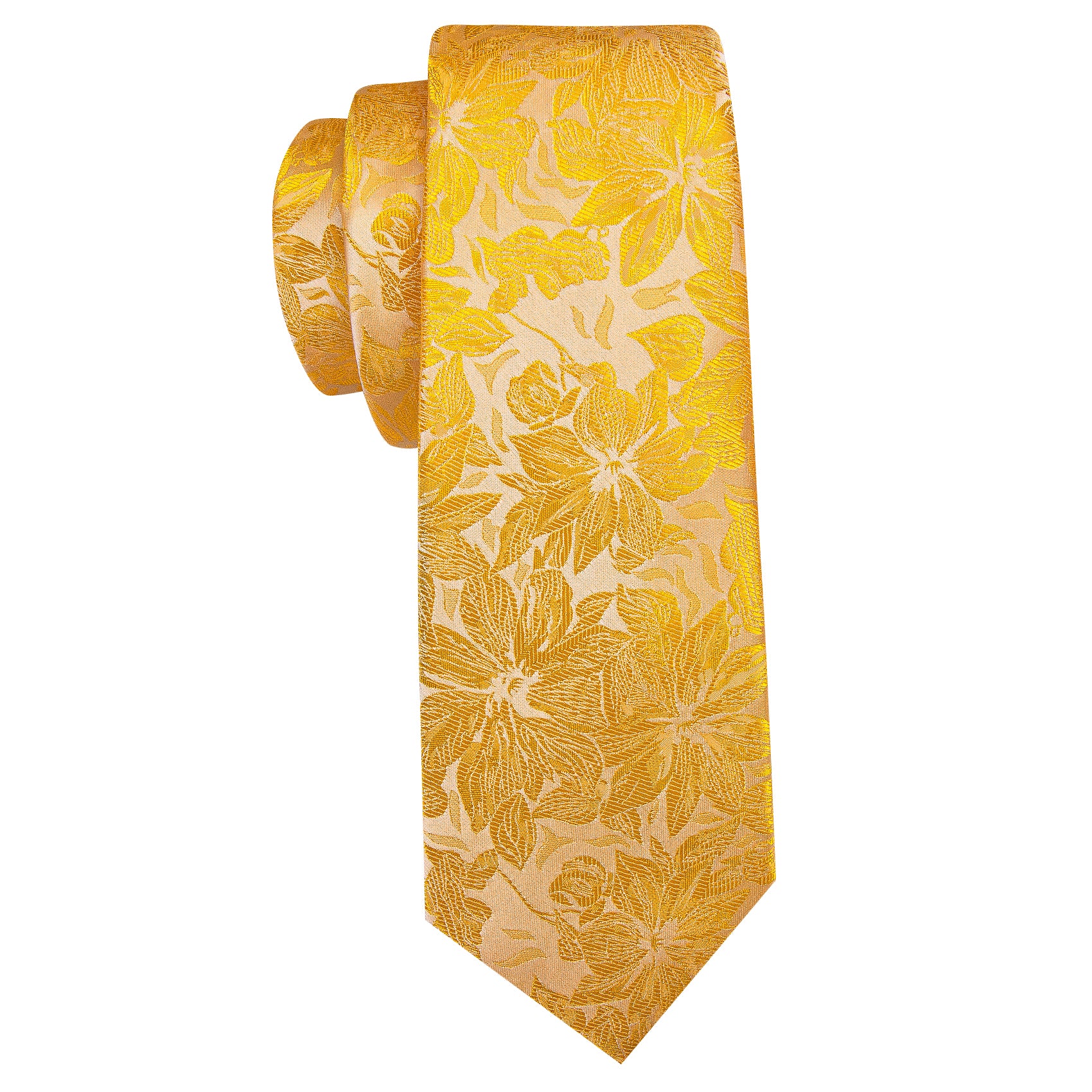 Gold Yellow Floral Silk Mens Tie Handkerchief Cufflinks Set