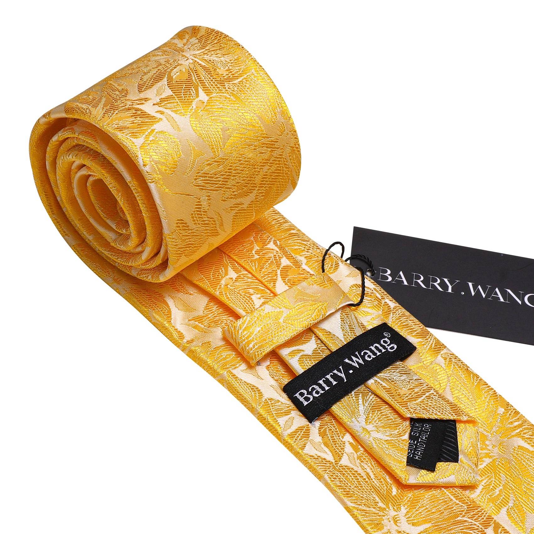 Gold Yellow Floral Silk Mens Tie Handkerchief Cufflinks Set