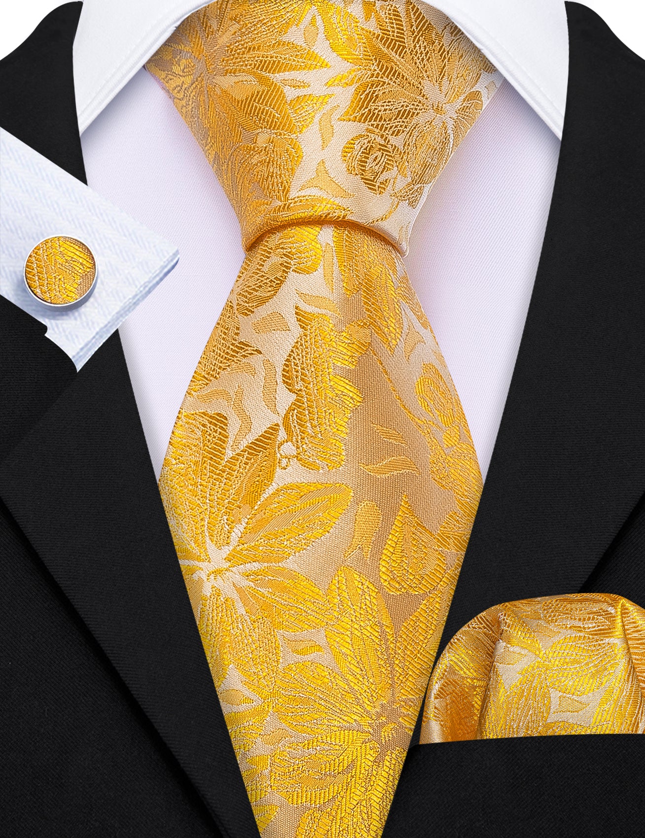 Gold Yellow Floral Silk Mens Tie Handkerchief Cufflinks Set