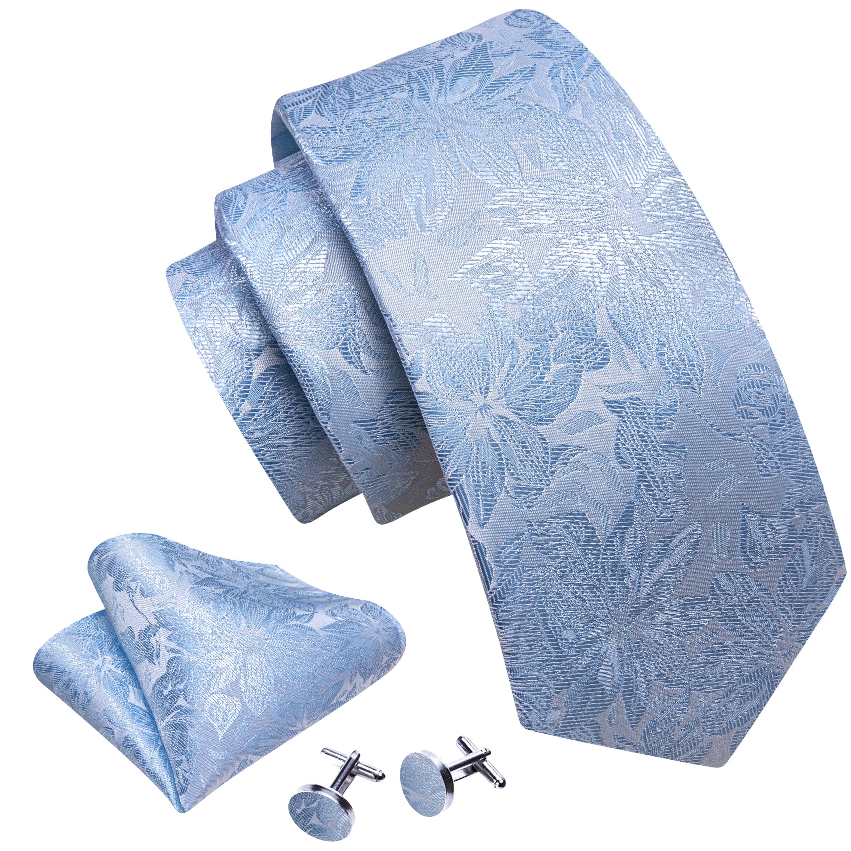 Light Blue Paisley Silk Tie Handkerchief Cufflinks Set