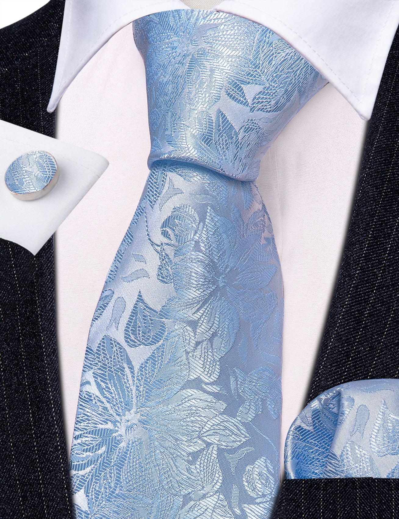 Light Blue Paisley Silk Tie Handkerchief Cufflinks Set