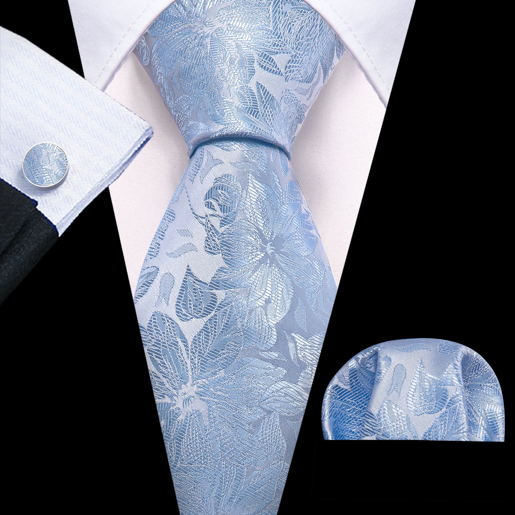 Light Blue Paisley Silk Tie Handkerchief Cufflinks Set