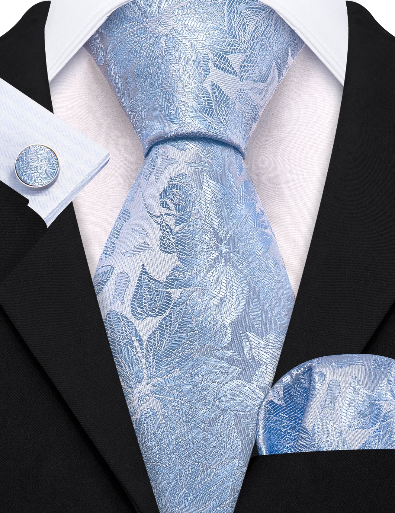 Light Blue Paisley Silk Tie Handkerchief Cufflinks Set