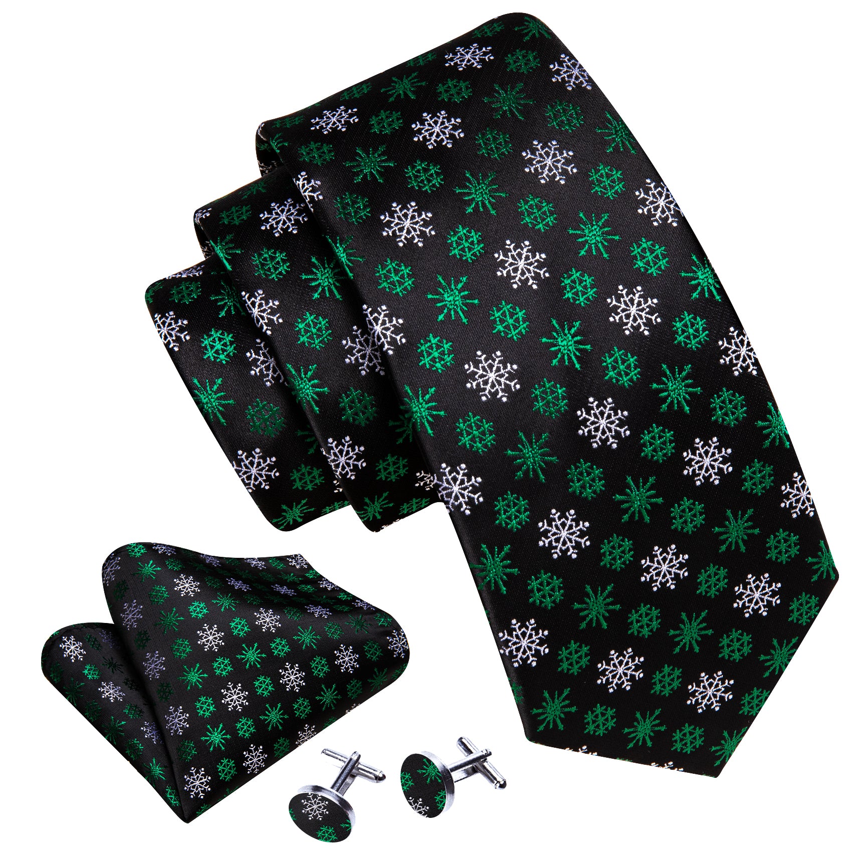 Christmas Tie Black Green White Snowflake Silk Tie Handkerchief Cufflinks Set