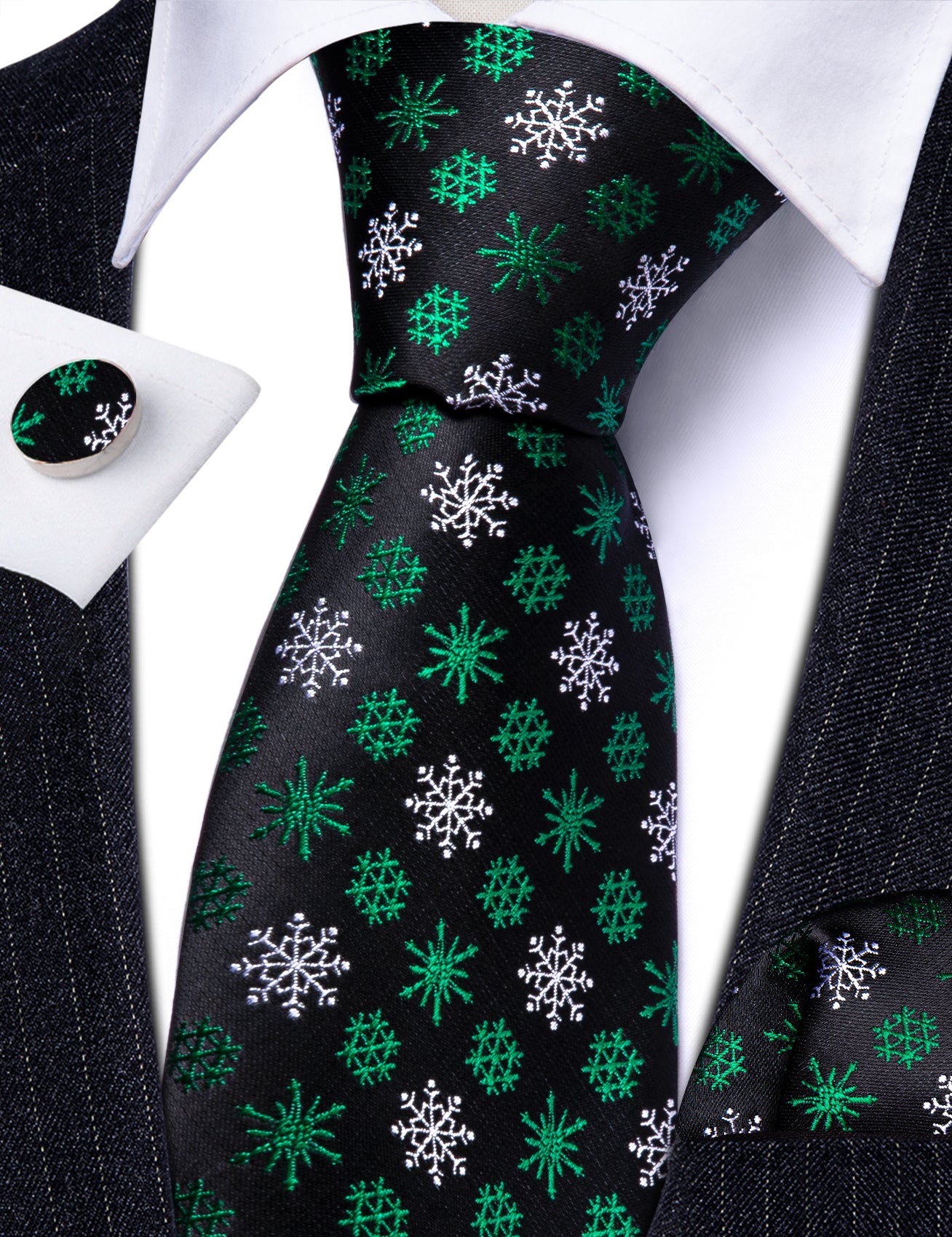 Christmas Tie Black Green White Snowflake Silk Tie Handkerchief Cufflinks Set